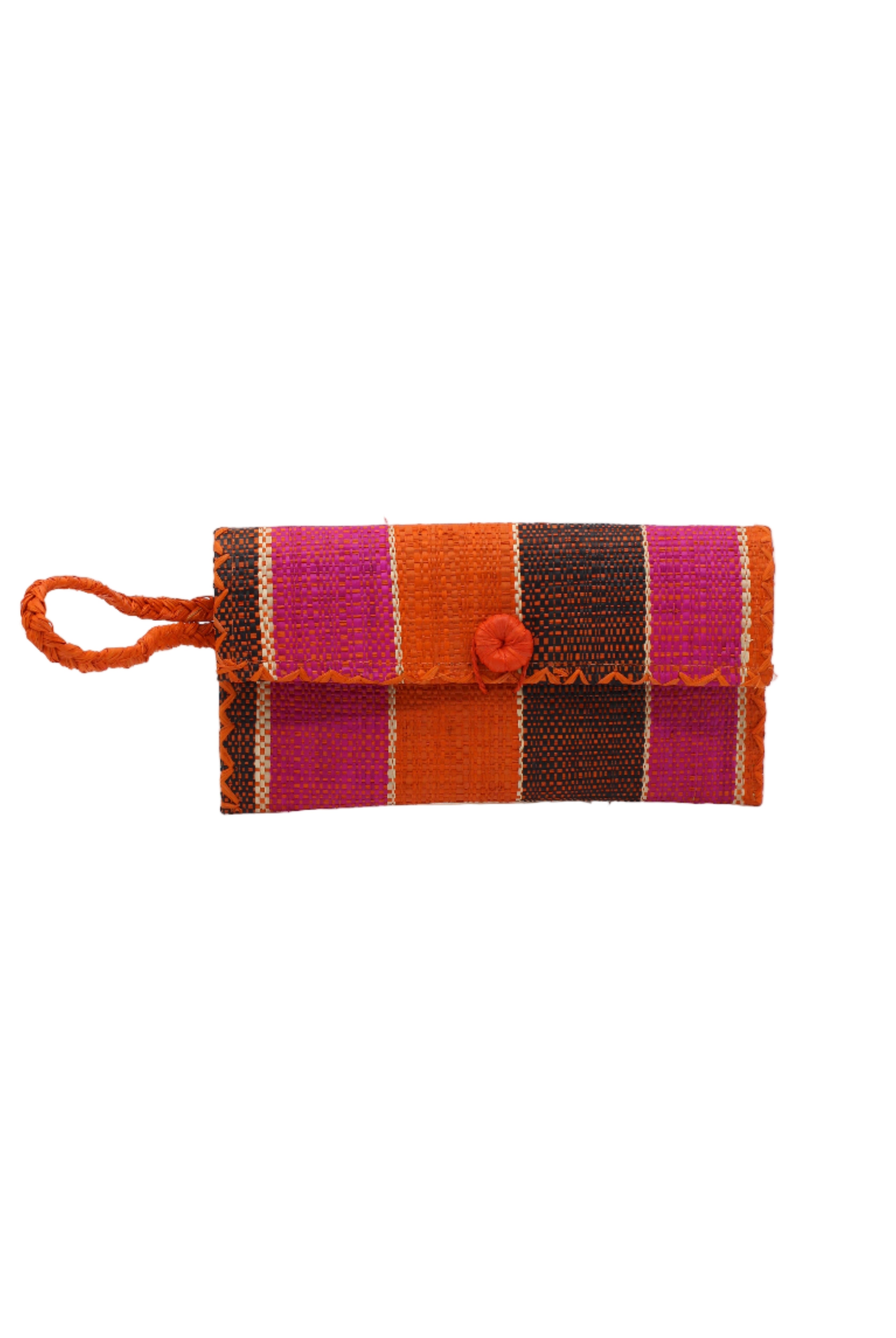 ChiChi Whimsy Swirl Multicolor Straw Clutch Bag handmade loomed raffia palm fiber wristlet in multi-width bands of coral orange/red, fuchsia hot/bright/barbie/pink, black, and natural straw color that create a vertical stripe pattern with teal color cross stitch edging, button & loop closure, and braided wrist strap - Shebobo