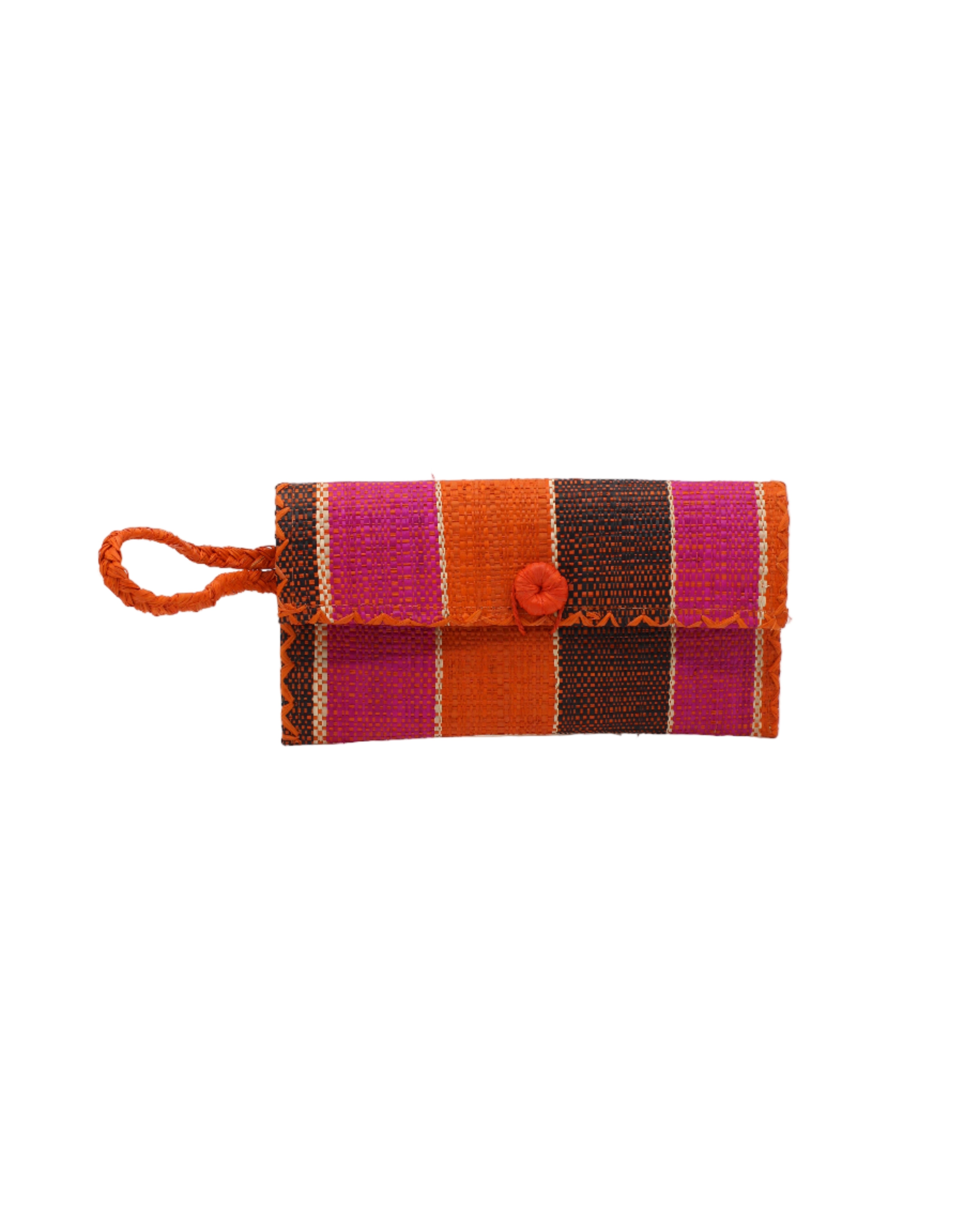 ChiChi Whimsy Swirl Multicolor Straw Clutch Bag handmade loomed raffia palm fiber wristlet in multi-width bands of coral orange/red, fuchsia hot/bright/barbie/pink, black, and natural straw color that create a vertical stripe pattern with teal color cross stitch edging, button & loop closure, and braided wrist strap - Shebobo
