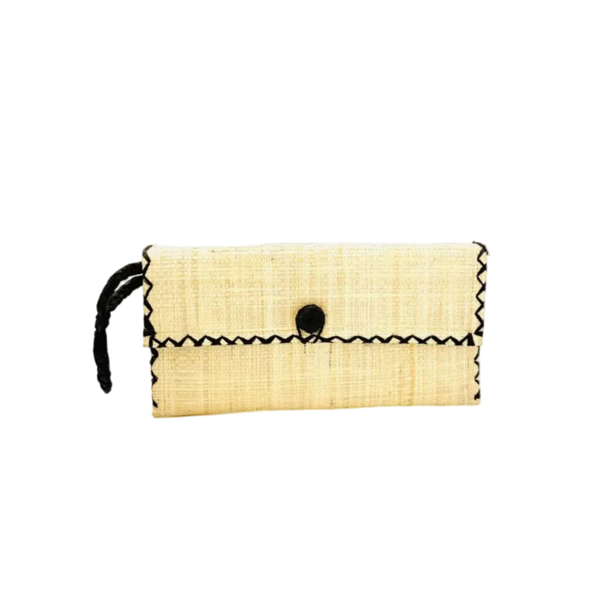 ChiChi Natural Straw Clutch Bag handmade loomed raffia palm fiber wristlet in natural straw color with black cross stitch edging, button & loop closure, and braided wrist strap - Shebobo