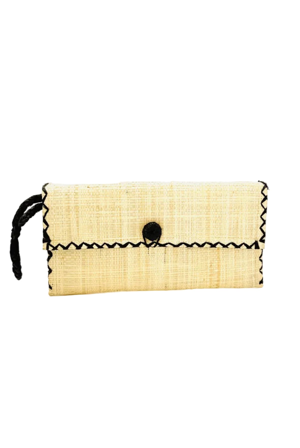 ChiChi Natural Straw Clutch Bag handmade loomed raffia palm fiber wristlet in natural straw color with black cross stitch edging, button & loop closure, and braided wrist strap - Shebobo