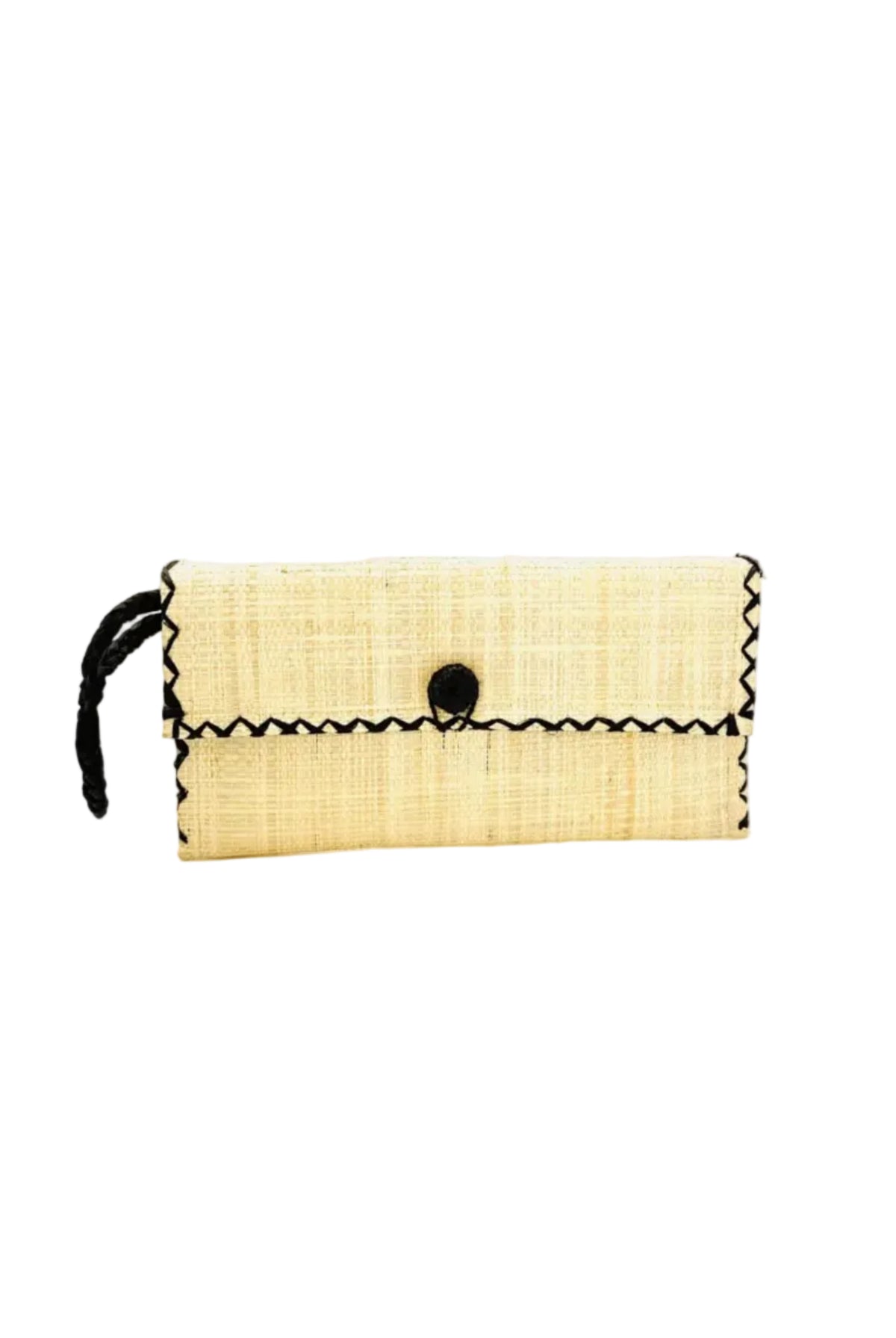 ChiChi Natural Straw Clutch Bag handmade loomed raffia palm fiber wristlet in natural straw color with black cross stitch edging, button & loop closure, and braided wrist strap - Shebobo