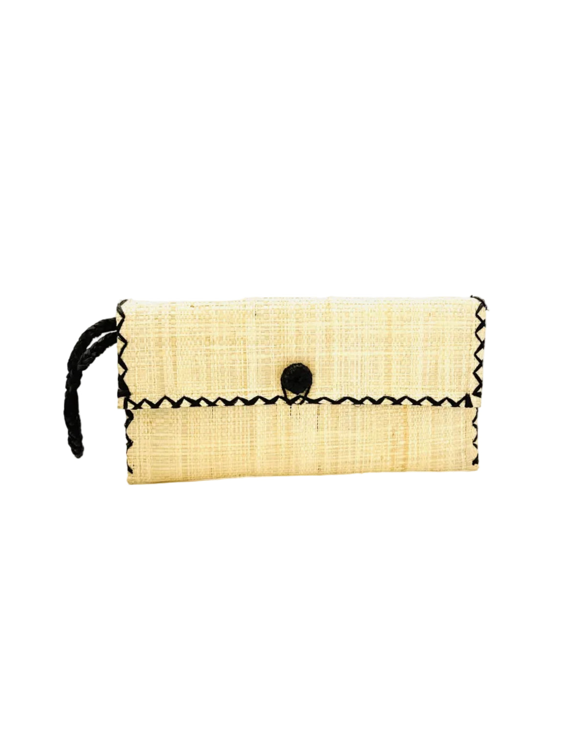 ChiChi Natural Straw Clutch Bag handmade loomed raffia palm fiber wristlet in natural straw color with black cross stitch edging, button & loop closure, and braided wrist strap - Shebobo