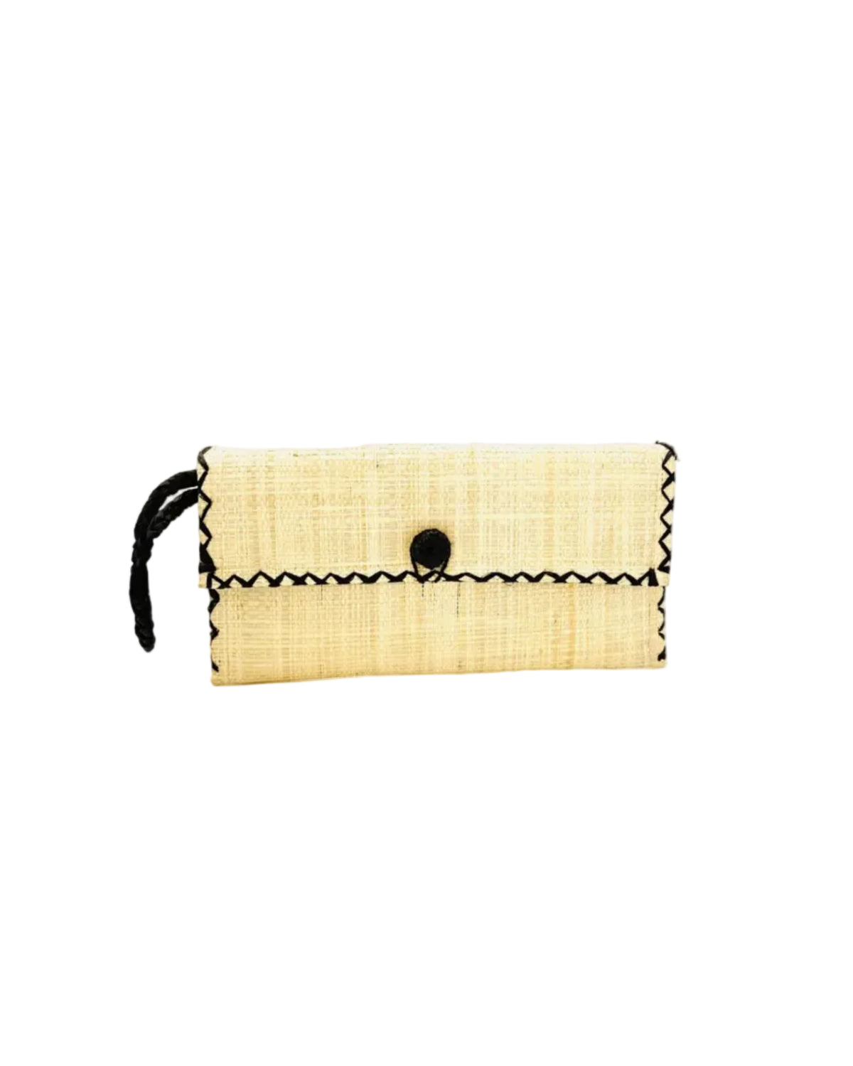 ChiChi Natural Straw Clutch Bag handmade loomed raffia palm fiber wristlet in natural straw color with black cross stitch edging, button & loop closure, and braided wrist strap - Shebobo