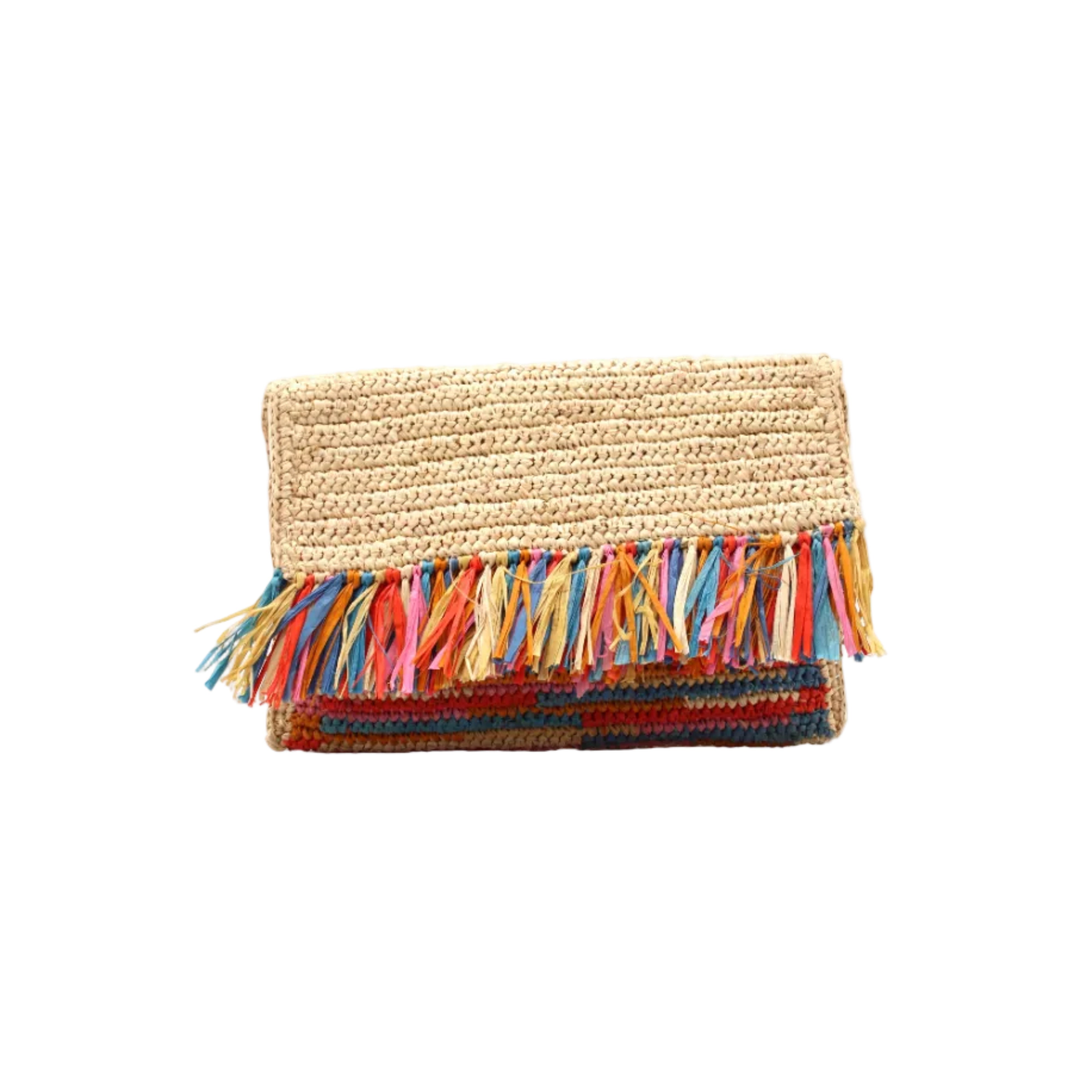 Coco Fringe Crochet Straw Clutch Confetti Multicolor - orange yellow, pink, brown, and blue - and natural straw color two tone handmade purse with horizontal band of multicolor fringe - Shebobo
