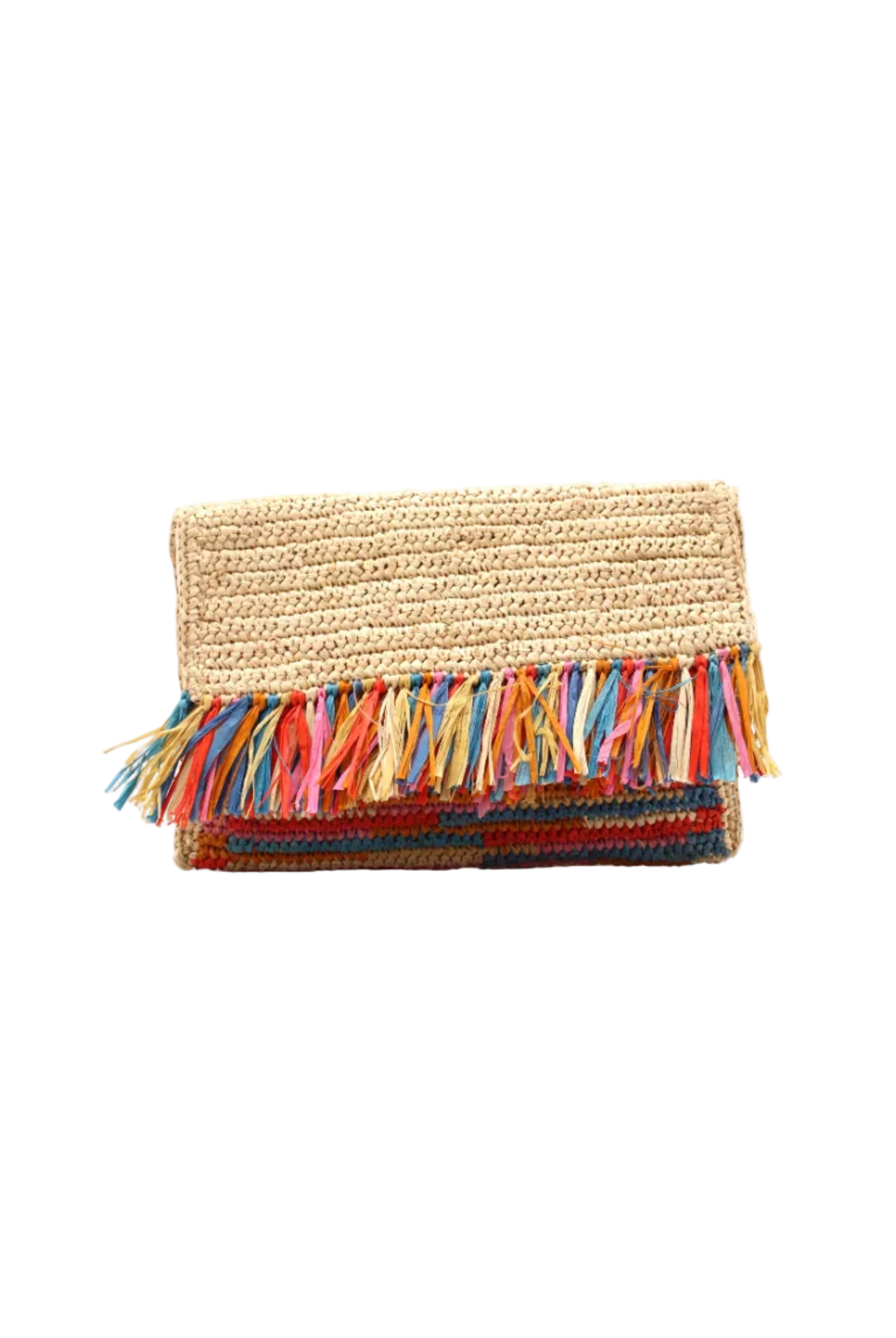 Coco Fringe Crochet Straw Clutch Confetti Multicolor - orange yellow, pink, brown, and blue - and natural straw color two tone handmade purse with horizontal band of multicolor fringe - Shebobo