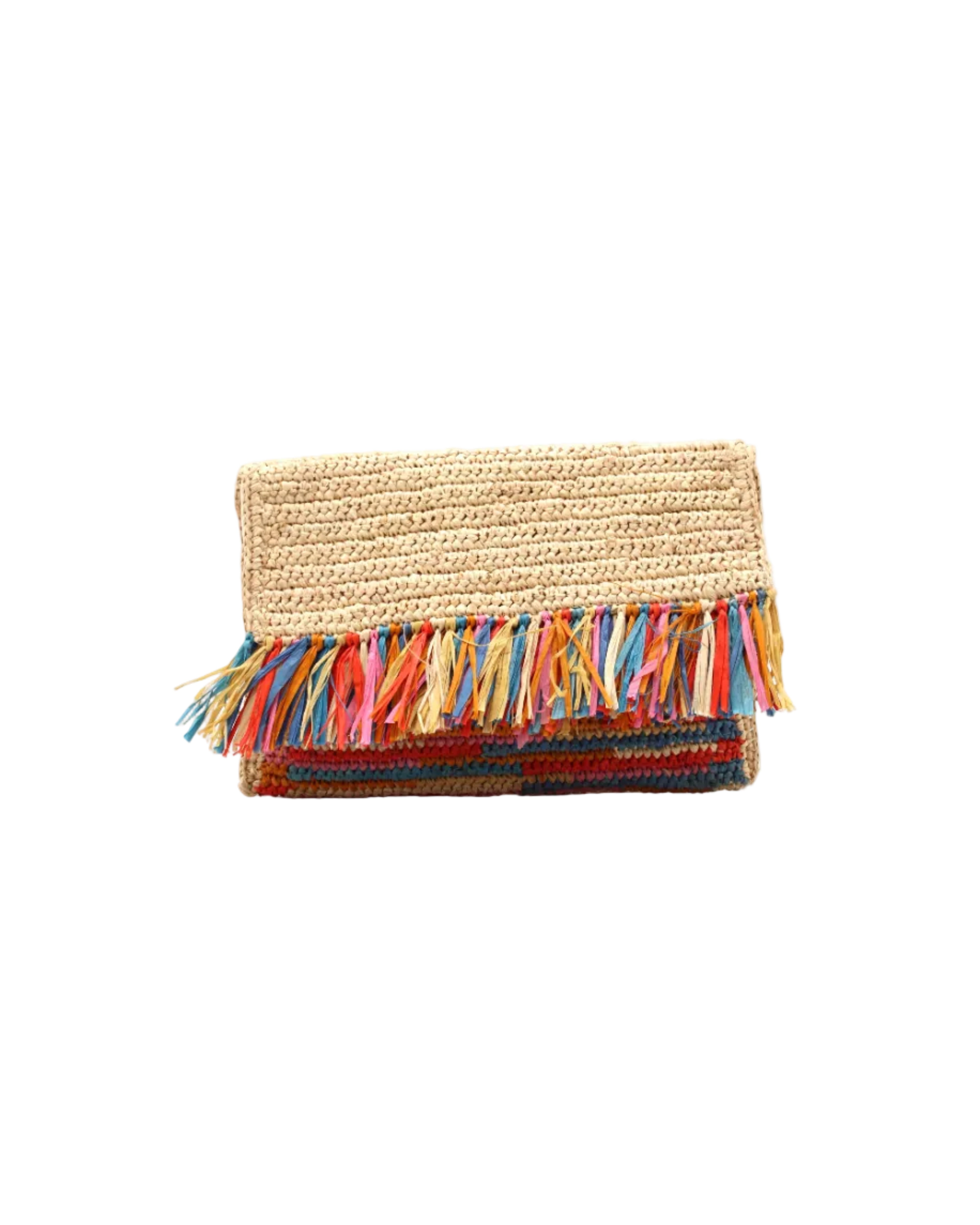 Coco Fringe Crochet Straw Clutch Confetti Multicolor - orange yellow, pink, brown, and blue - and natural straw color two tone handmade purse with horizontal band of multicolor fringe - Shebobo