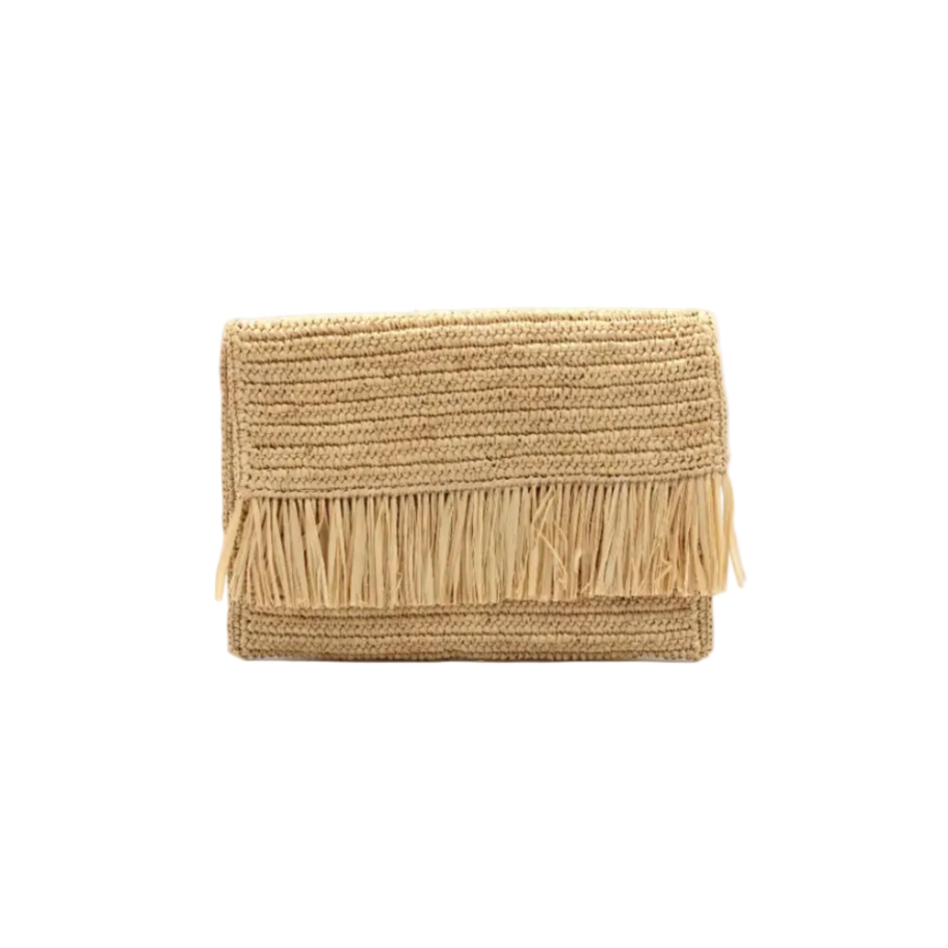 Coco Fringe Crochet Straw Clutch natural straw color handmade purse with horizontal band of raw fringe - Shebobo