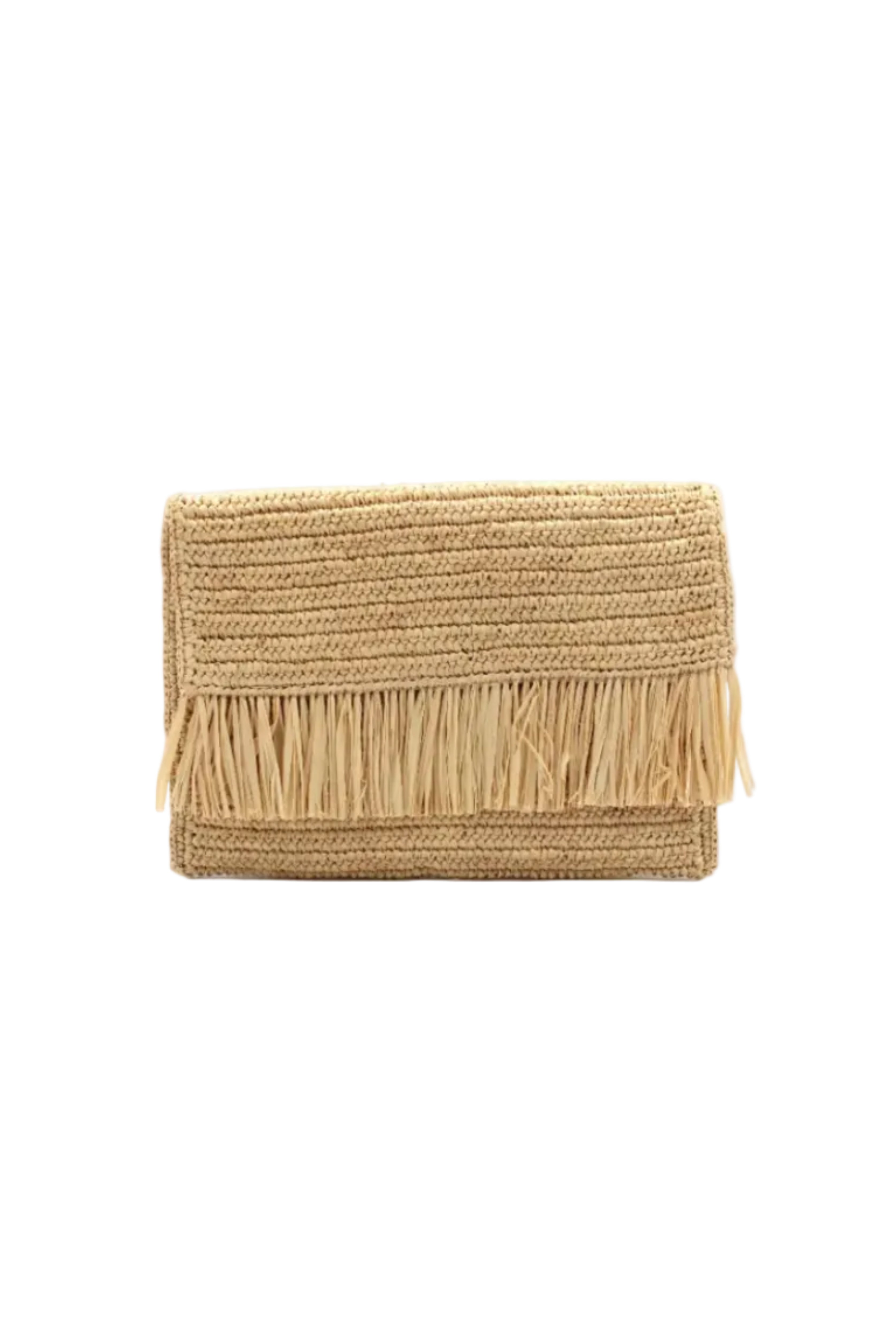 Coco Fringe Crochet Straw Clutch natural straw color handmade purse with horizontal band of raw fringe - Shebobo