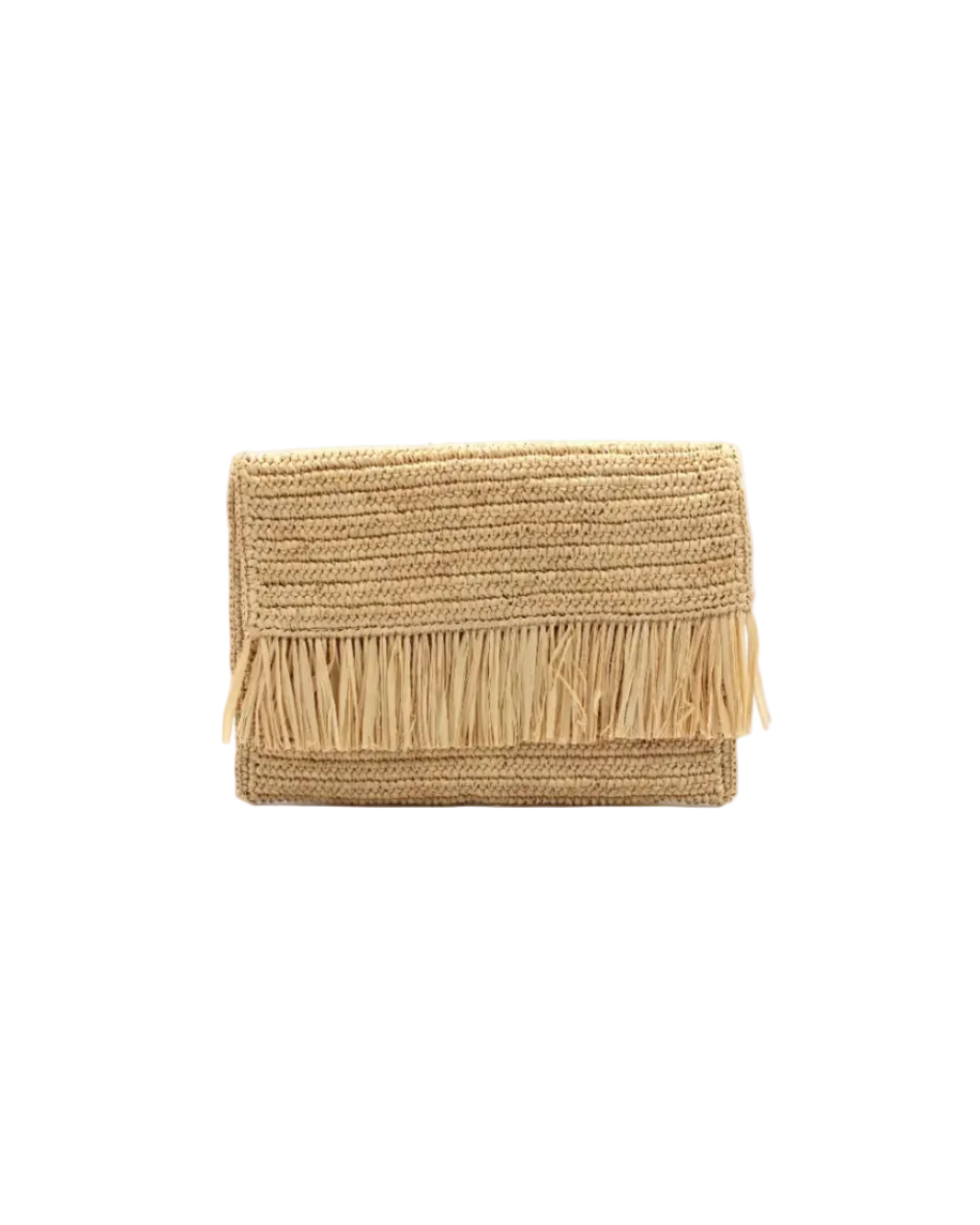 Coco Fringe Crochet Straw Clutch natural straw color handmade purse with horizontal band of raw fringe - Shebobo