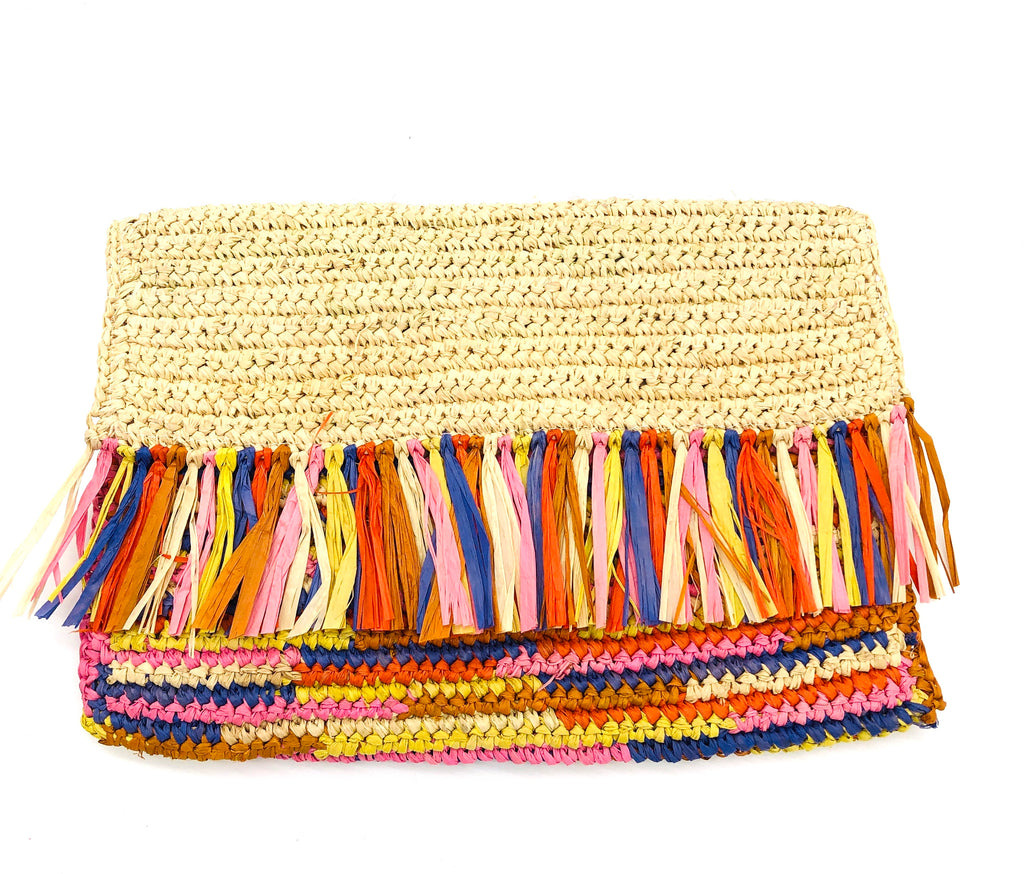 Coco Fringe Crochet Straw Clutch Confetti Multicolor - orange yellow, pink, brown, and blue - and natural straw color two tone handmade purse with horizontal band of multicolor fringe - Shebobo