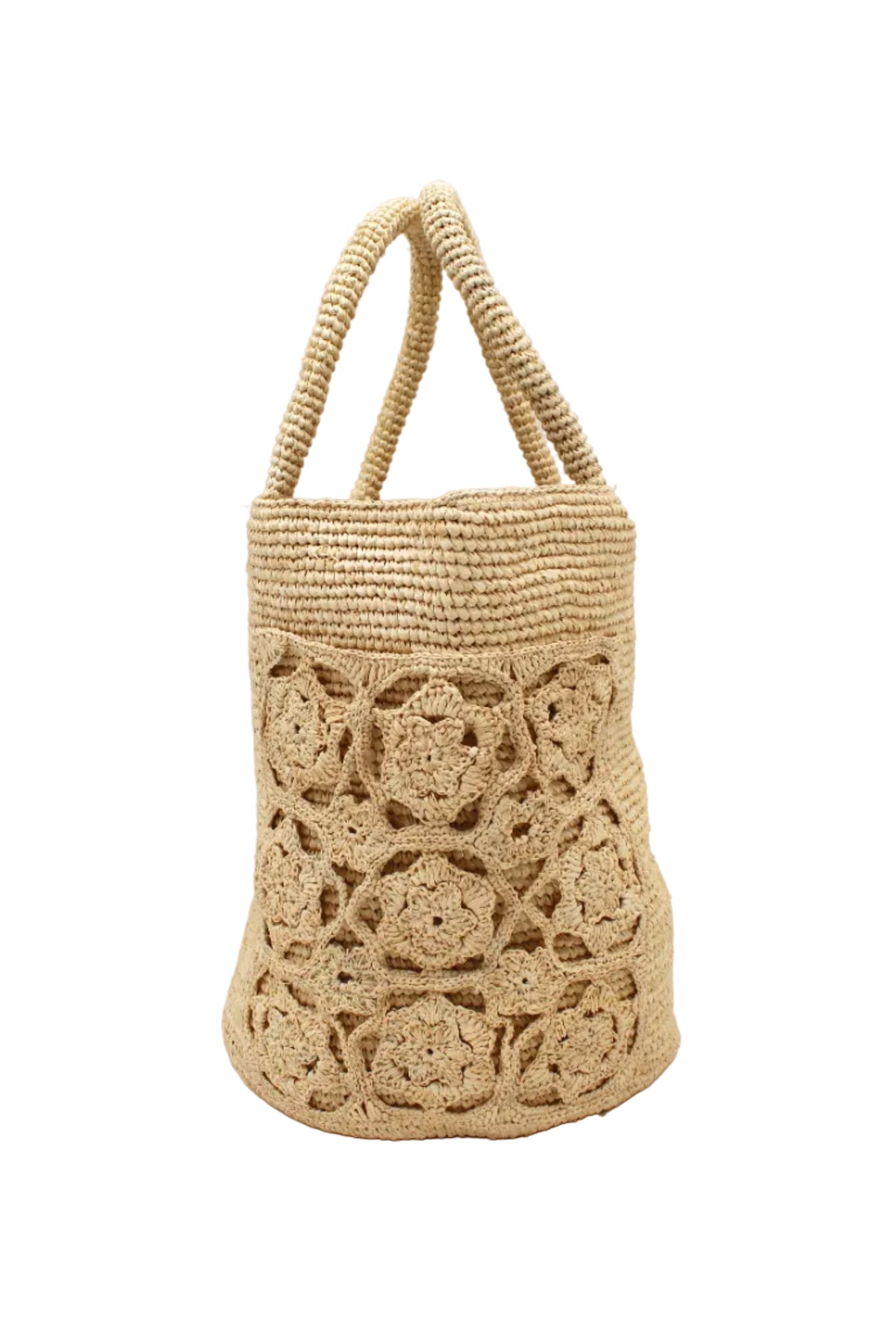 Detail view Colette FlowerCrochet Straw Basket Handbag with Pockets handmade natural raffia palm fiber in a solid hue of natural straw color with geometric granny square floral cutout pattern on two large external pockets tote bag - Shebobo