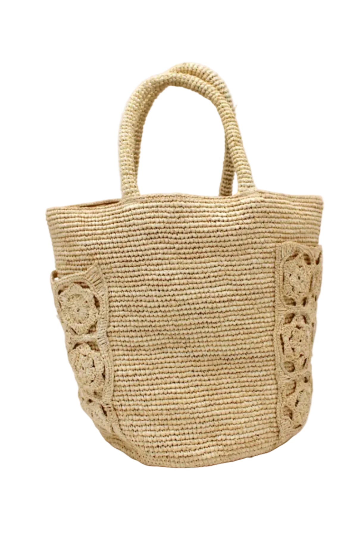 Colette FlowerCrochet Straw Basket Handbag with Pockets handmade natural raffia palm fiber in a solid hue of natural straw color with geometric granny square floral cutout pattern on two large external pockets tote bag - Shebobo