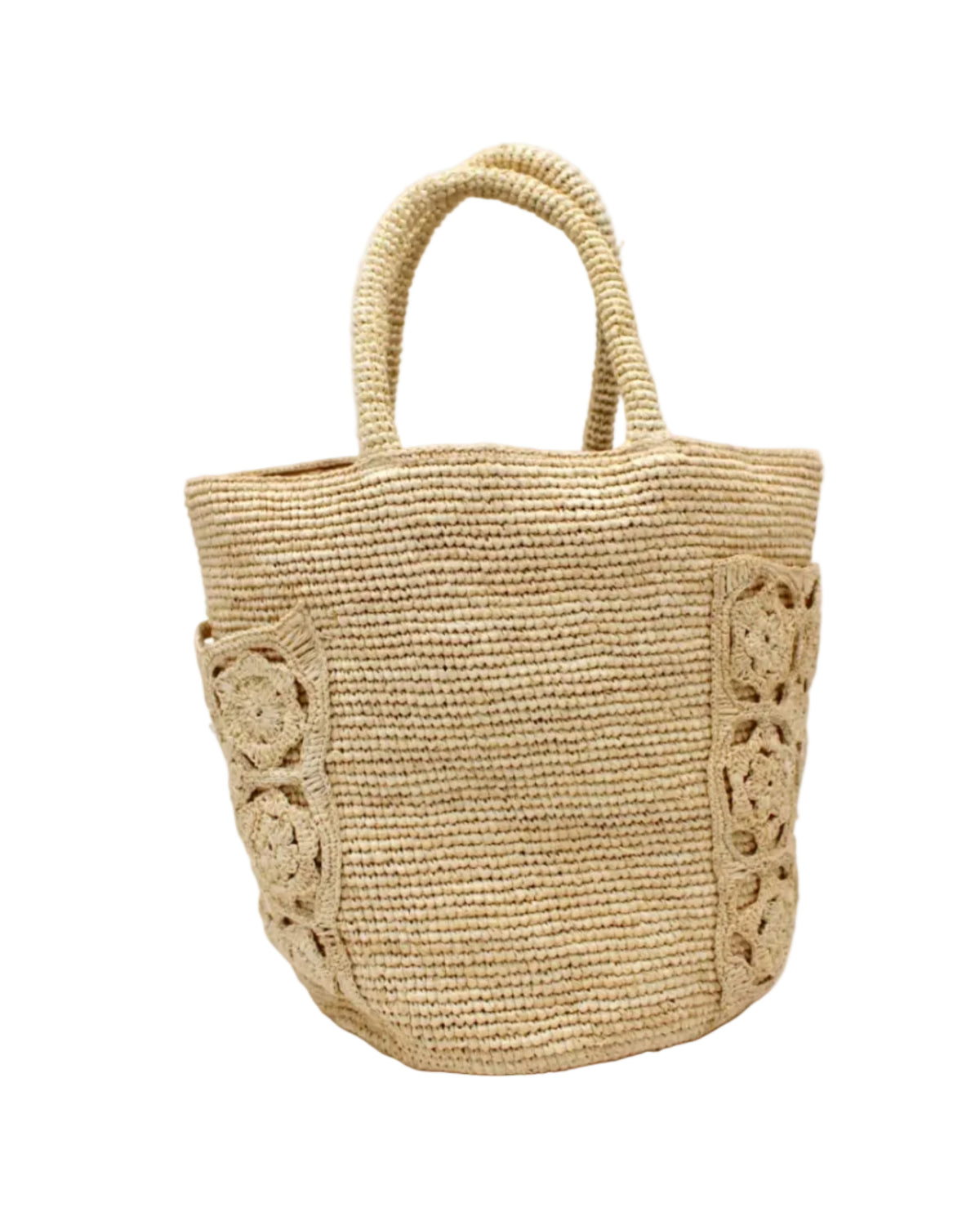 Colette FlowerCrochet Straw Basket Handbag with Pockets handmade natural raffia palm fiber in a solid hue of natural straw color with geometric granny square floral cutout pattern on two large external pockets tote bag - Shebobo