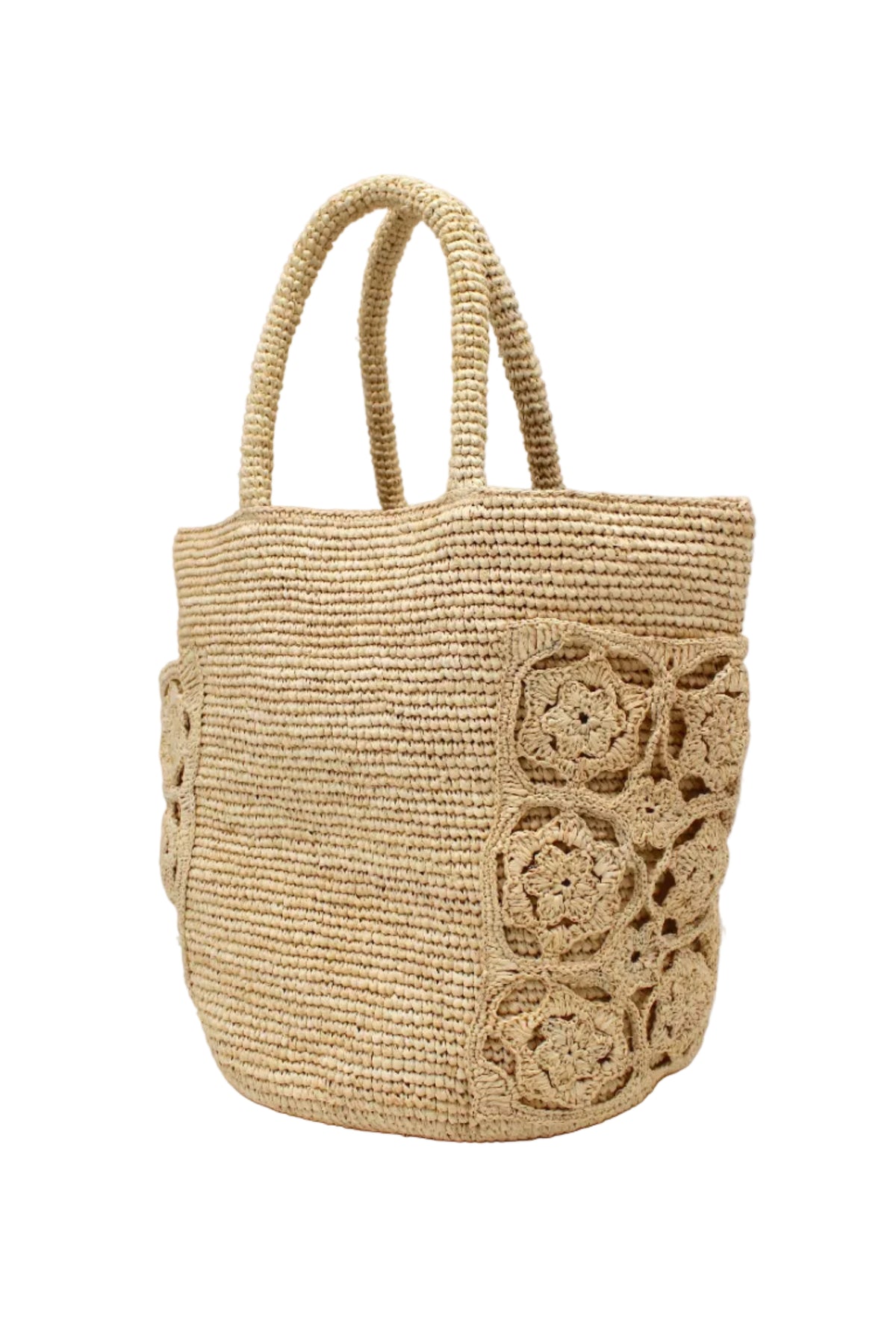 Side view Colette FlowerCrochet Straw Basket Handbag with Pockets handmade natural raffia palm fiber in a solid hue of natural straw color with geometric granny square floral cutout pattern on two large external pockets tote bag - Shebobo