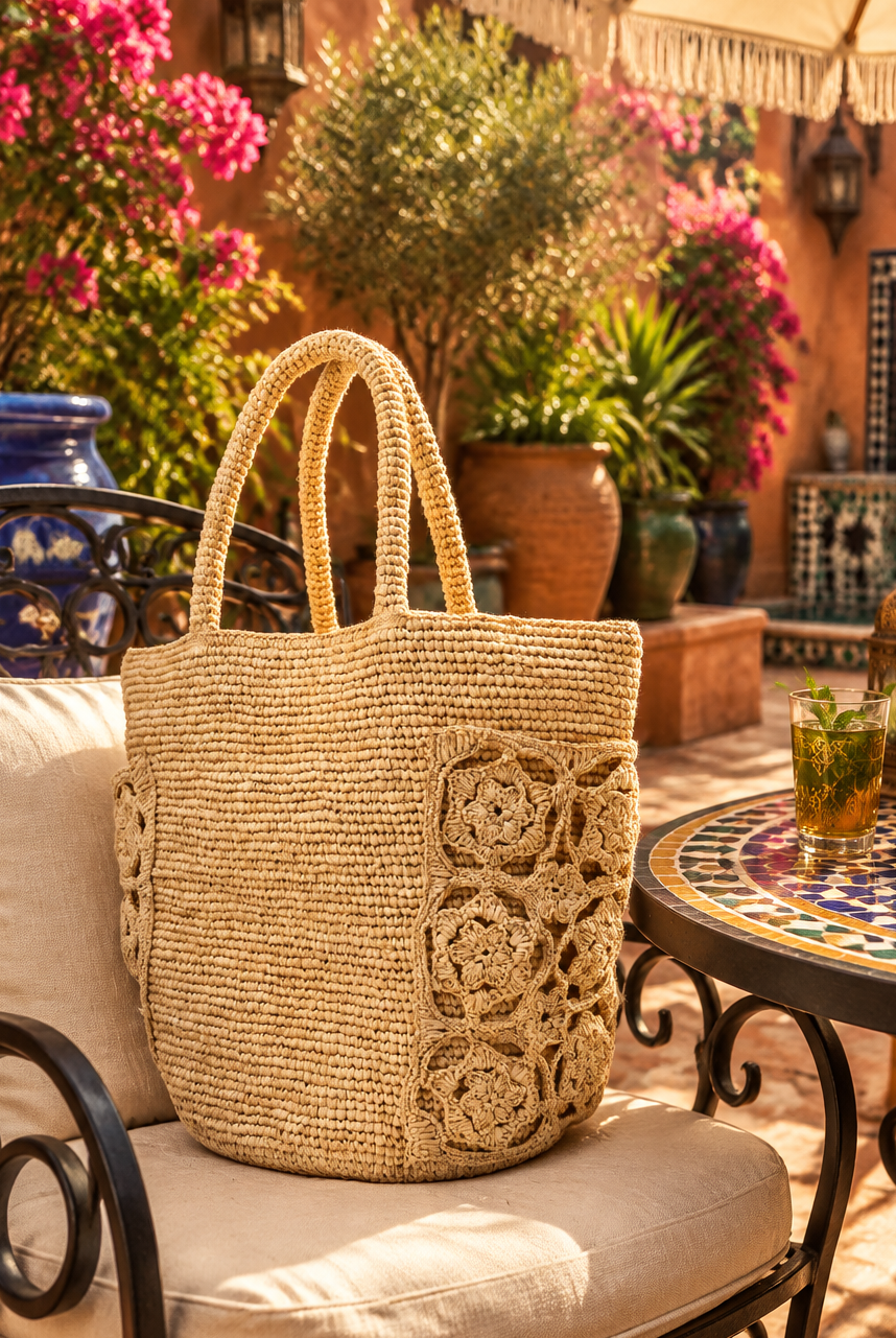 Lifestyle view Colette FlowerCrochet Straw Basket Handbag with Pockets handmade natural raffia palm fiber in a solid hue of natural straw color with geometric granny square floral cutout pattern on two large external pockets tote bag - Shebobo