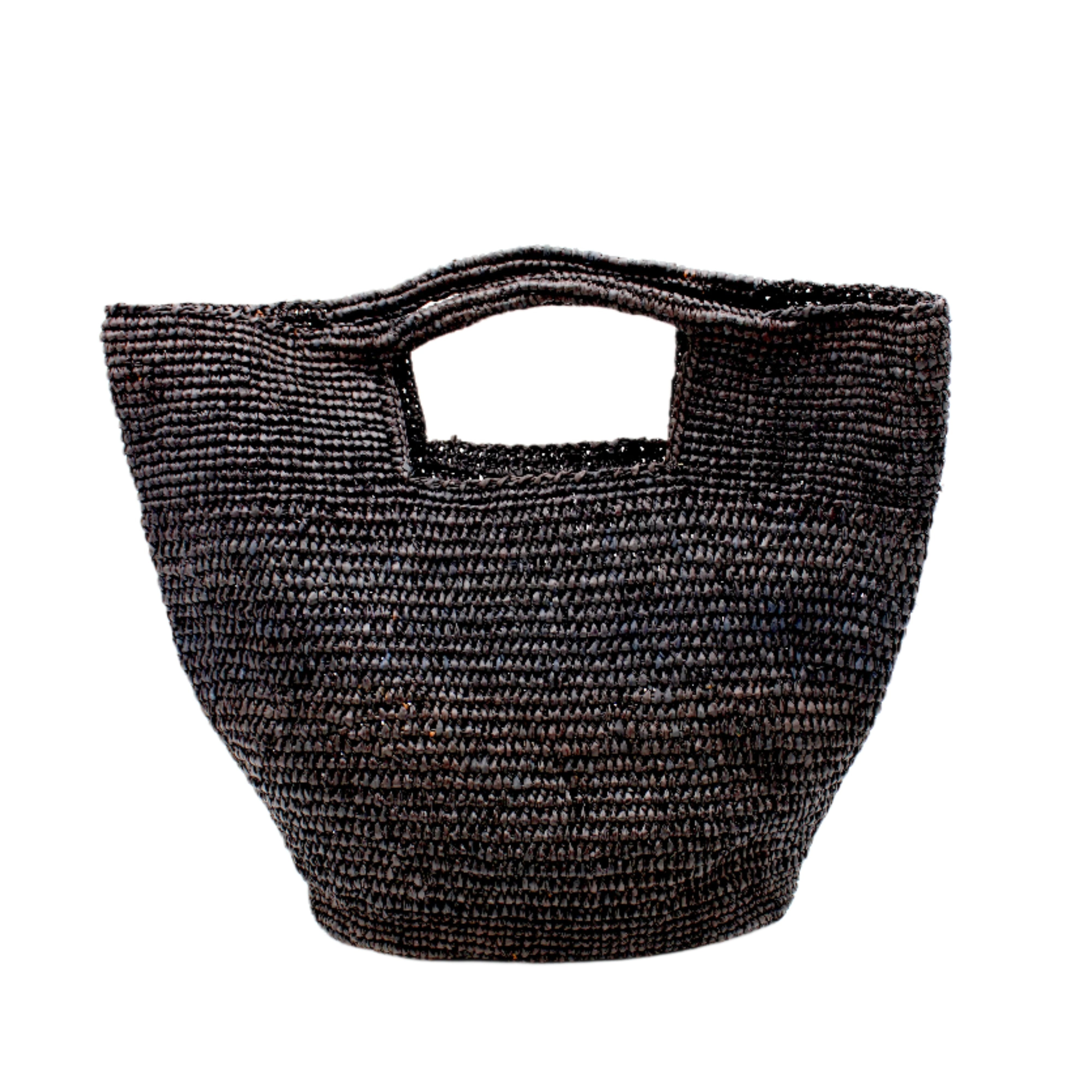 ConCon Crochet Straw Basket handmade woven raffia palm fiber in a solid hue of black making a textured link pattern handbag tote - Shebobo