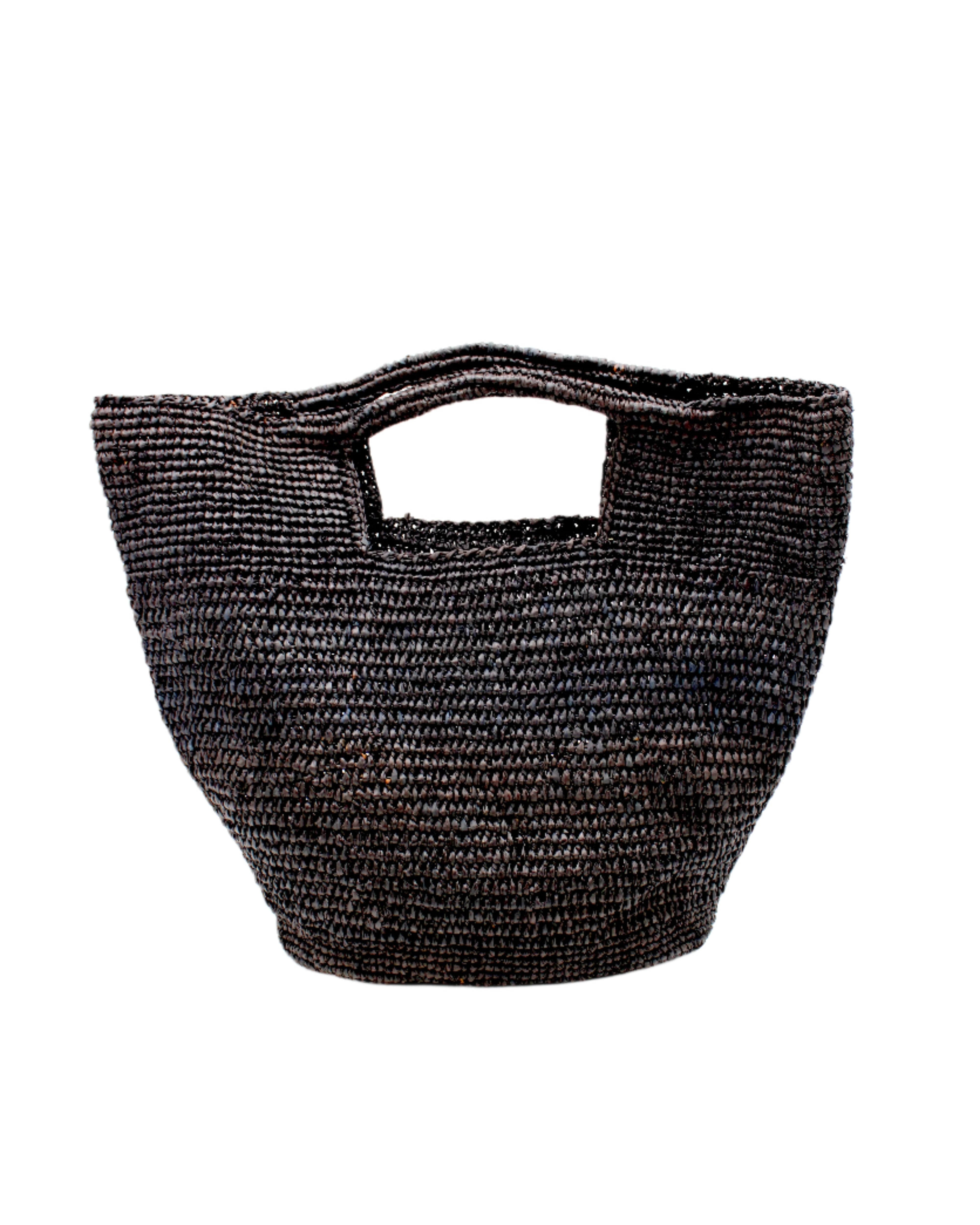 ConCon Crochet Straw Basket handmade woven raffia palm fiber in a solid hue of black making a textured link pattern handbag tote - Shebobo