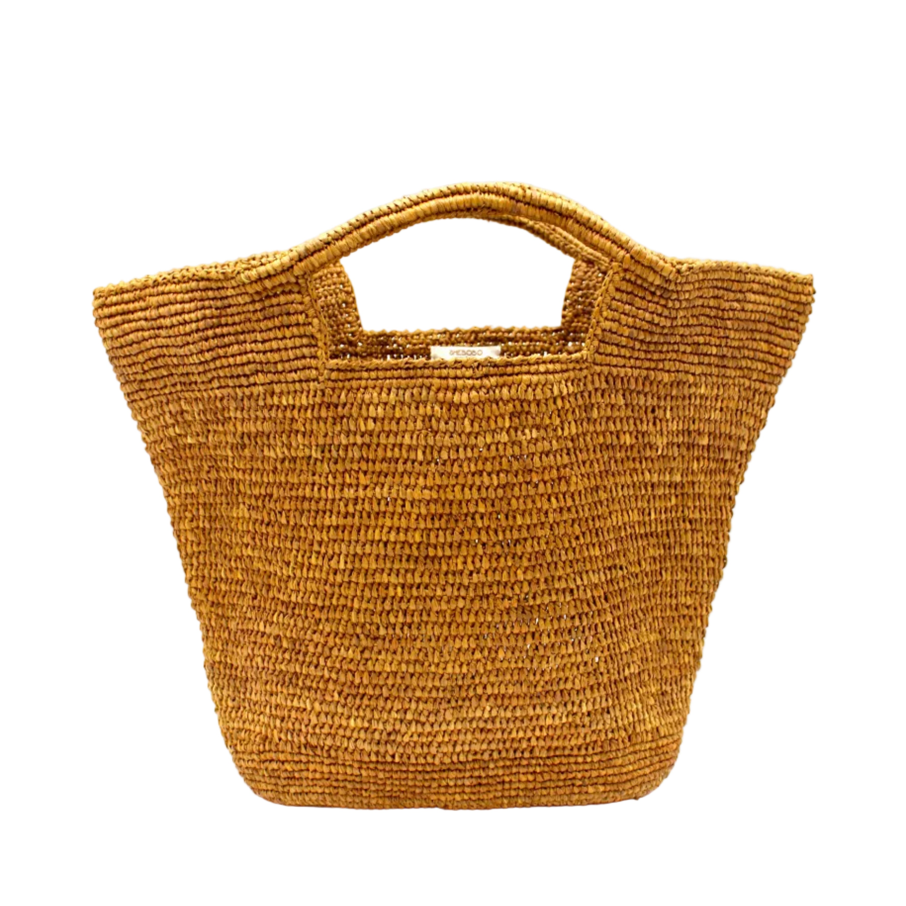 ConCon Crochet Straw Basket handmade woven raffia palm fiber in a solid hue of cinnamon/tobacco/dark/brown making a textured link pattern handbag tote - Shebobo