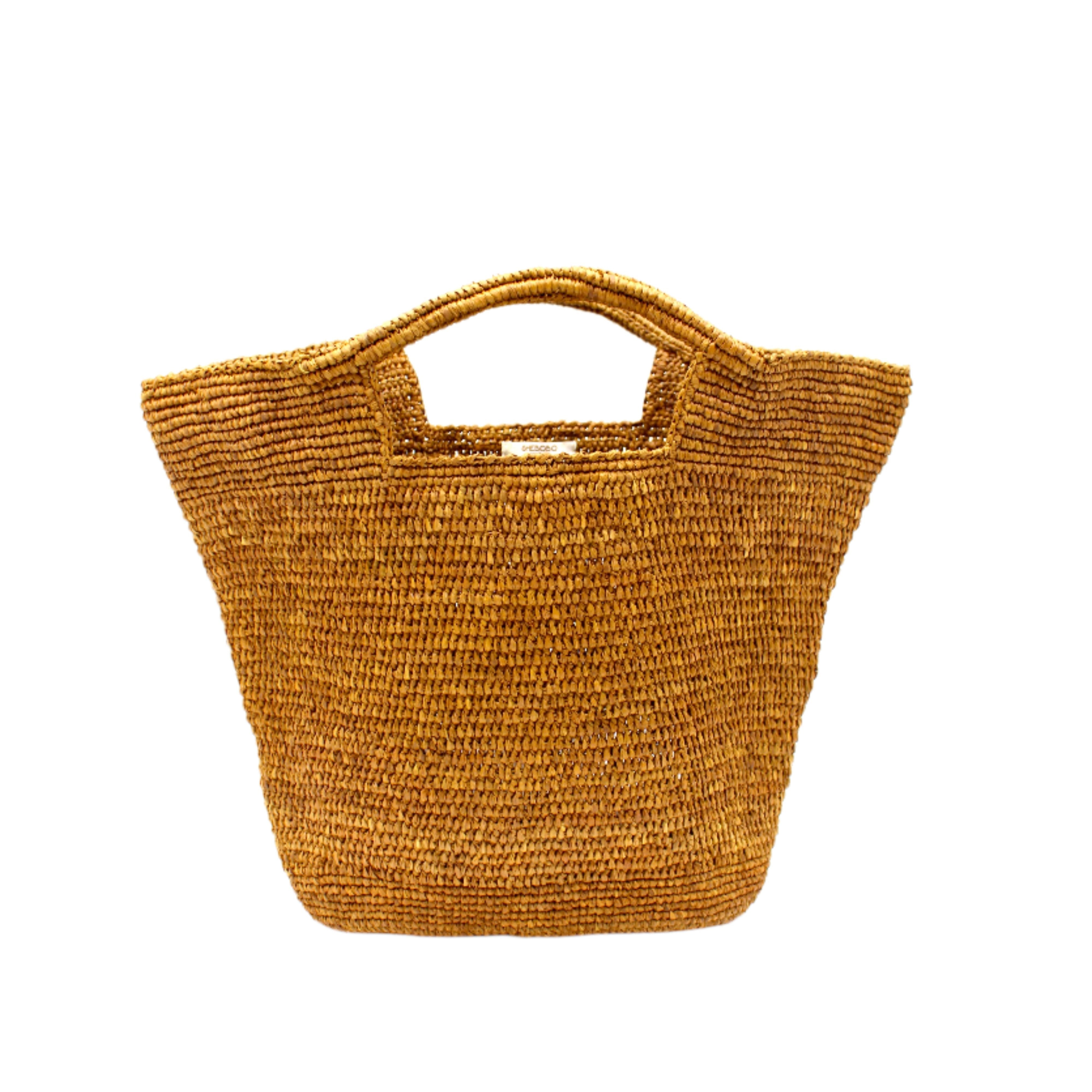 ConCon Crochet Straw Basket handmade woven raffia palm fiber in a solid hue of cinnamon/tobacco/dark/brown making a textured link pattern handbag tote - Shebobo