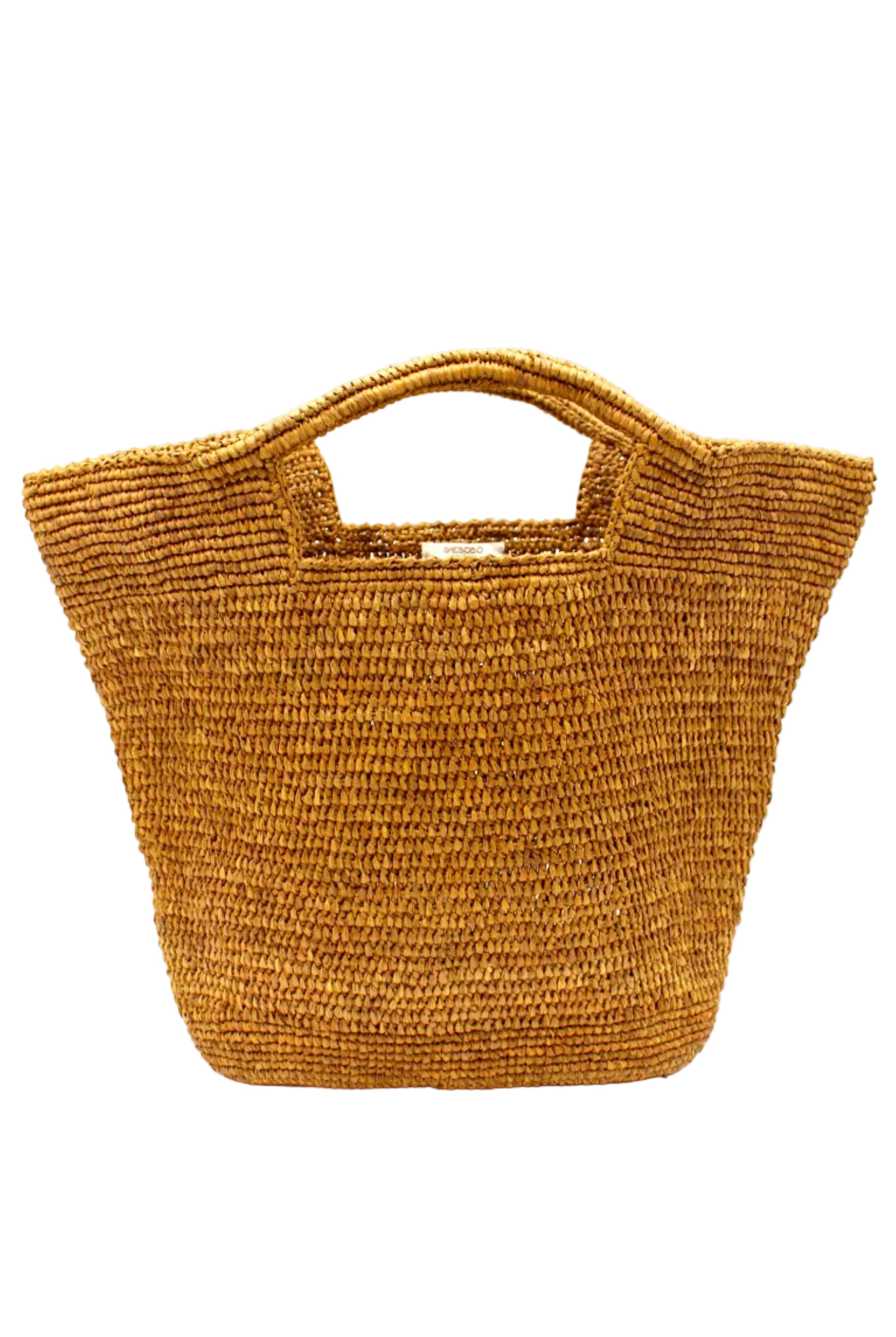 ConCon Crochet Straw Basket handmade woven raffia palm fiber in a solid hue of cinnamon/tobacco/dark/brown making a textured link pattern handbag tote - Shebobo