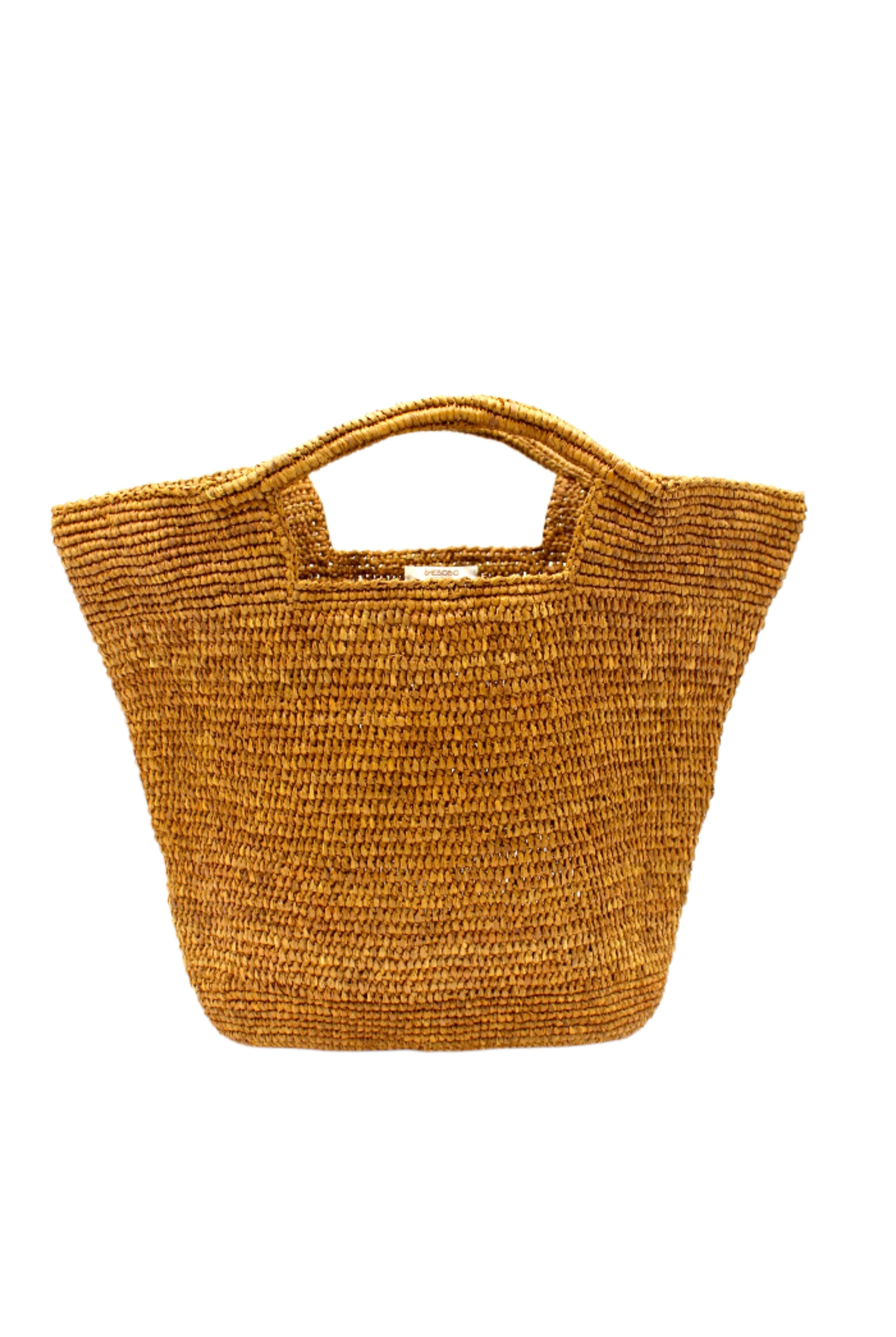 ConCon Crochet Straw Basket handmade woven raffia palm fiber in a solid hue of cinnamon/tobacco/dark/brown making a textured link pattern handbag tote - Shebobo