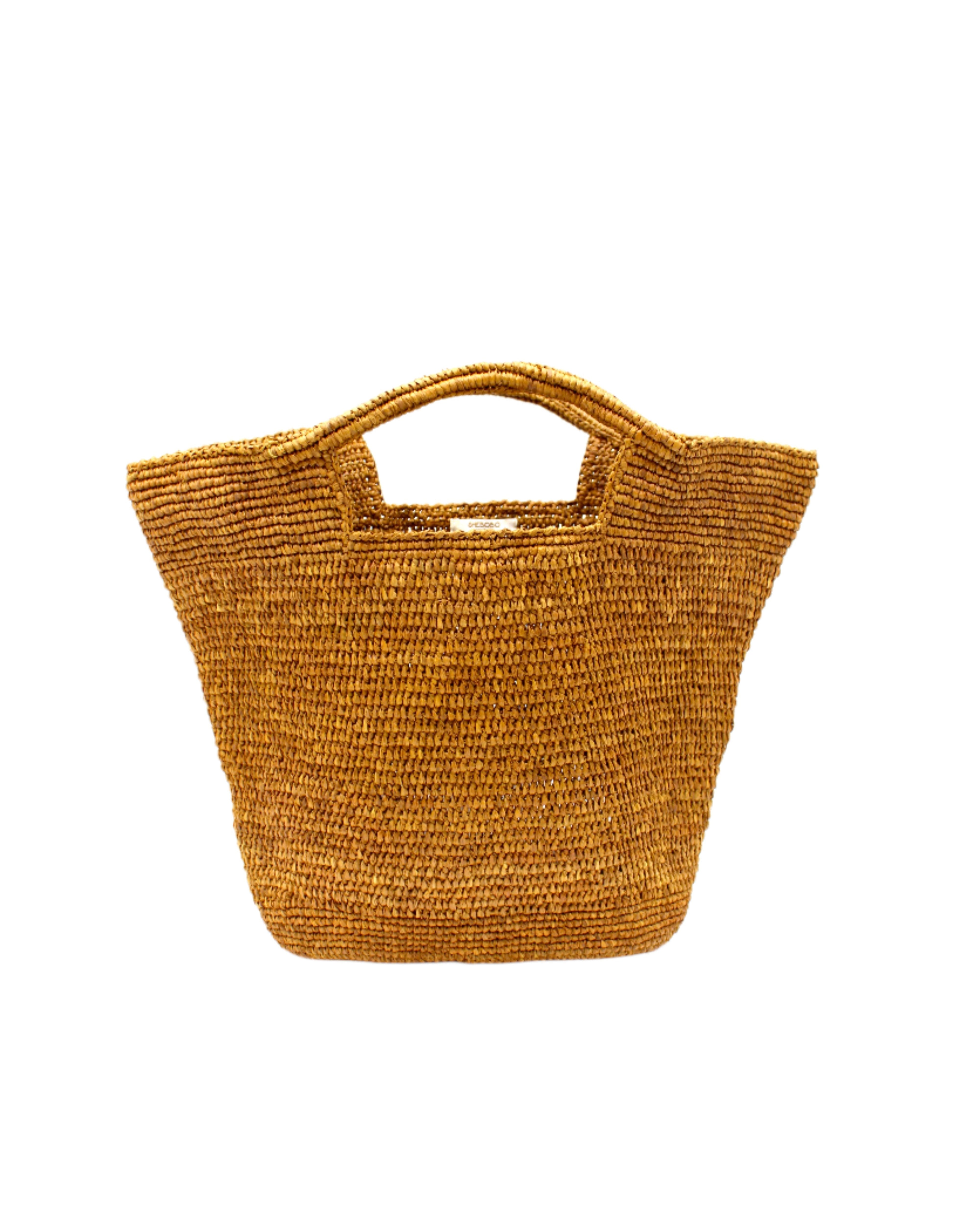 ConCon Crochet Straw Basket handmade woven raffia palm fiber in a solid hue of cinnamon/tobacco/dark/brown making a textured link pattern handbag tote - Shebobo