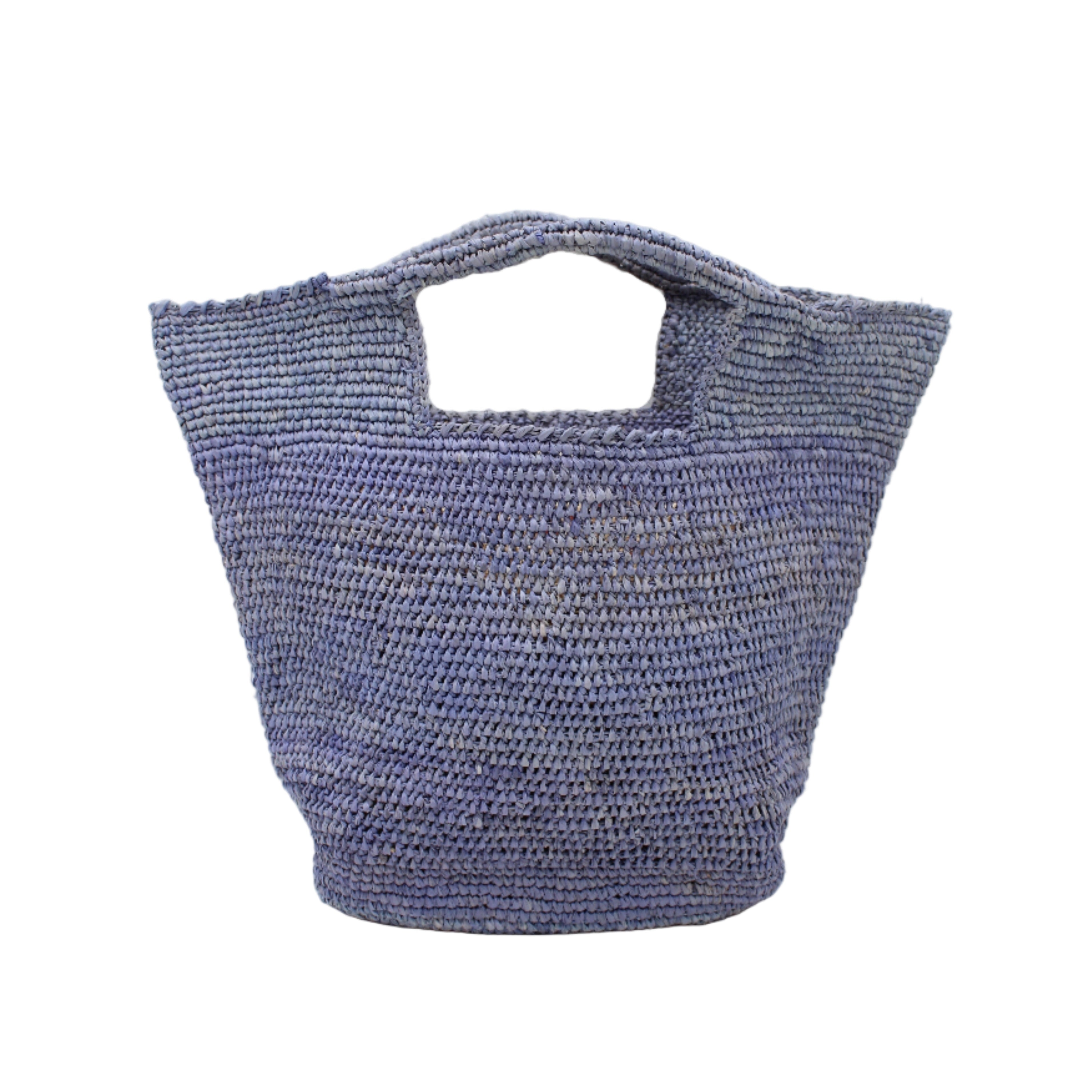 ConCon Crochet Straw Basket handmade woven raffia palm fiber in a solid hue of denim retro/light/blue making a textured link pattern handbag tote - Shebobo