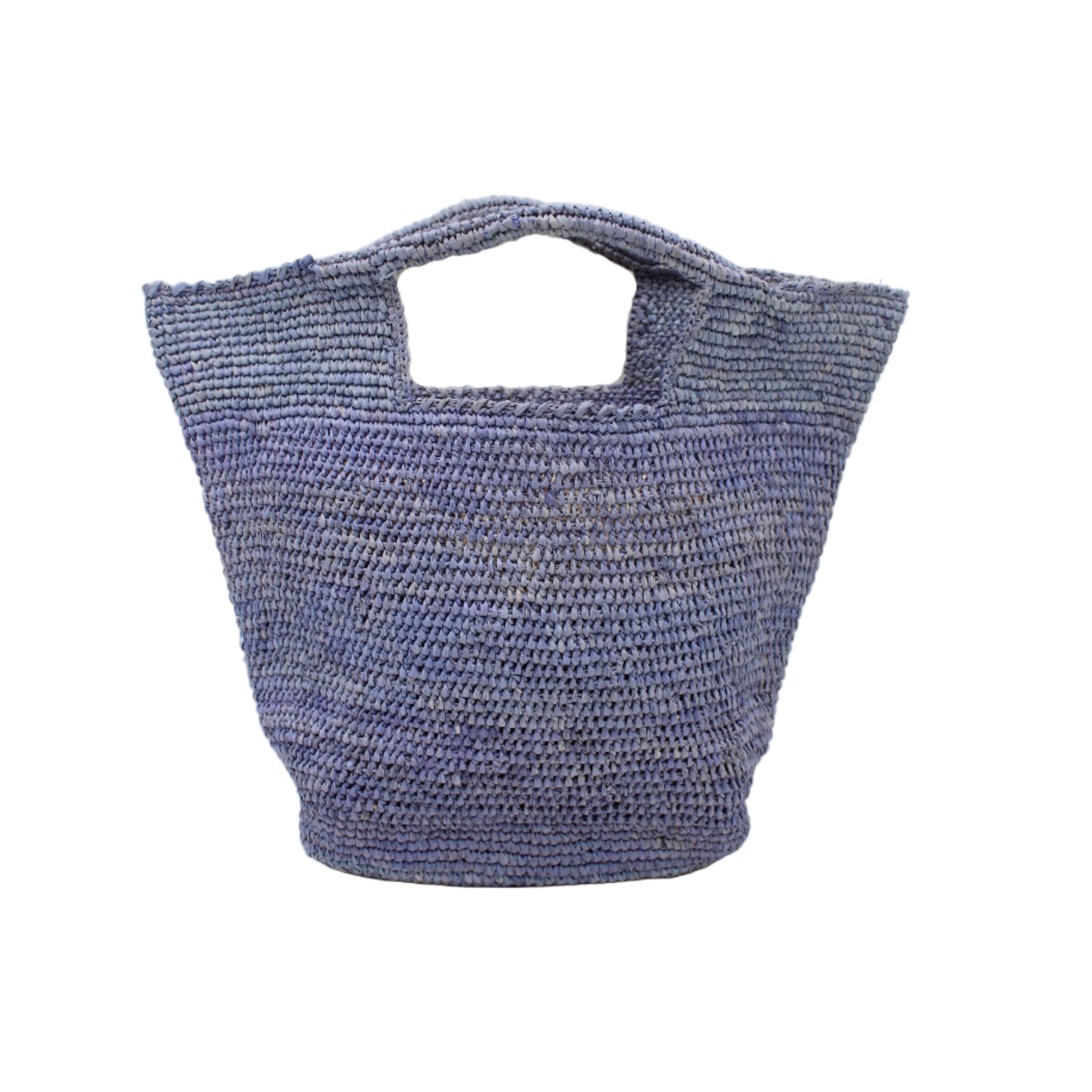 ConCon Crochet Straw Basket handmade woven raffia palm fiber in a solid hue of denim retro/light/blue making a textured link pattern handbag tote - Shebobo