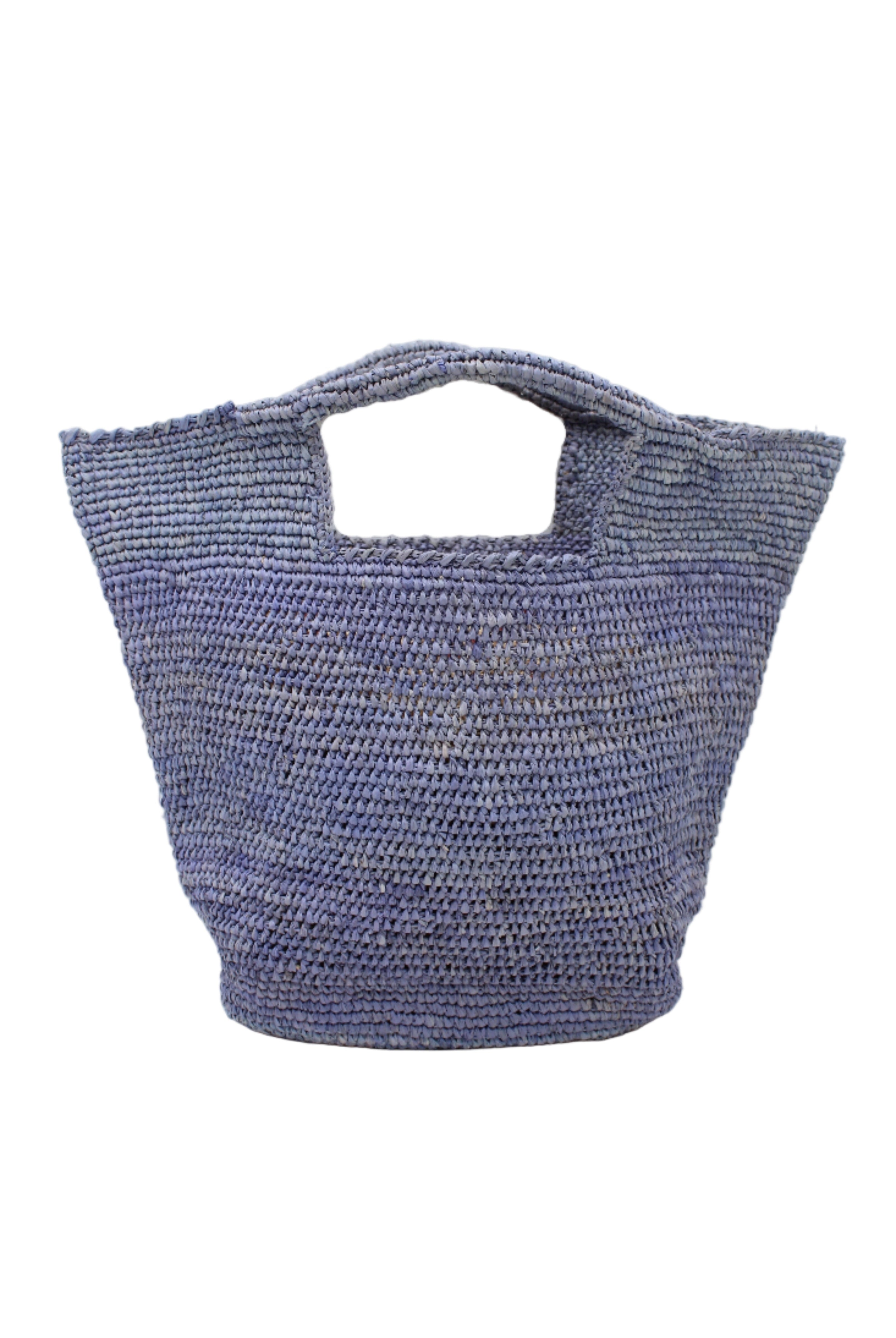 ConCon Crochet Straw Basket handmade woven raffia palm fiber in a solid hue of denim retro/light/blue making a textured link pattern handbag tote - Shebobo