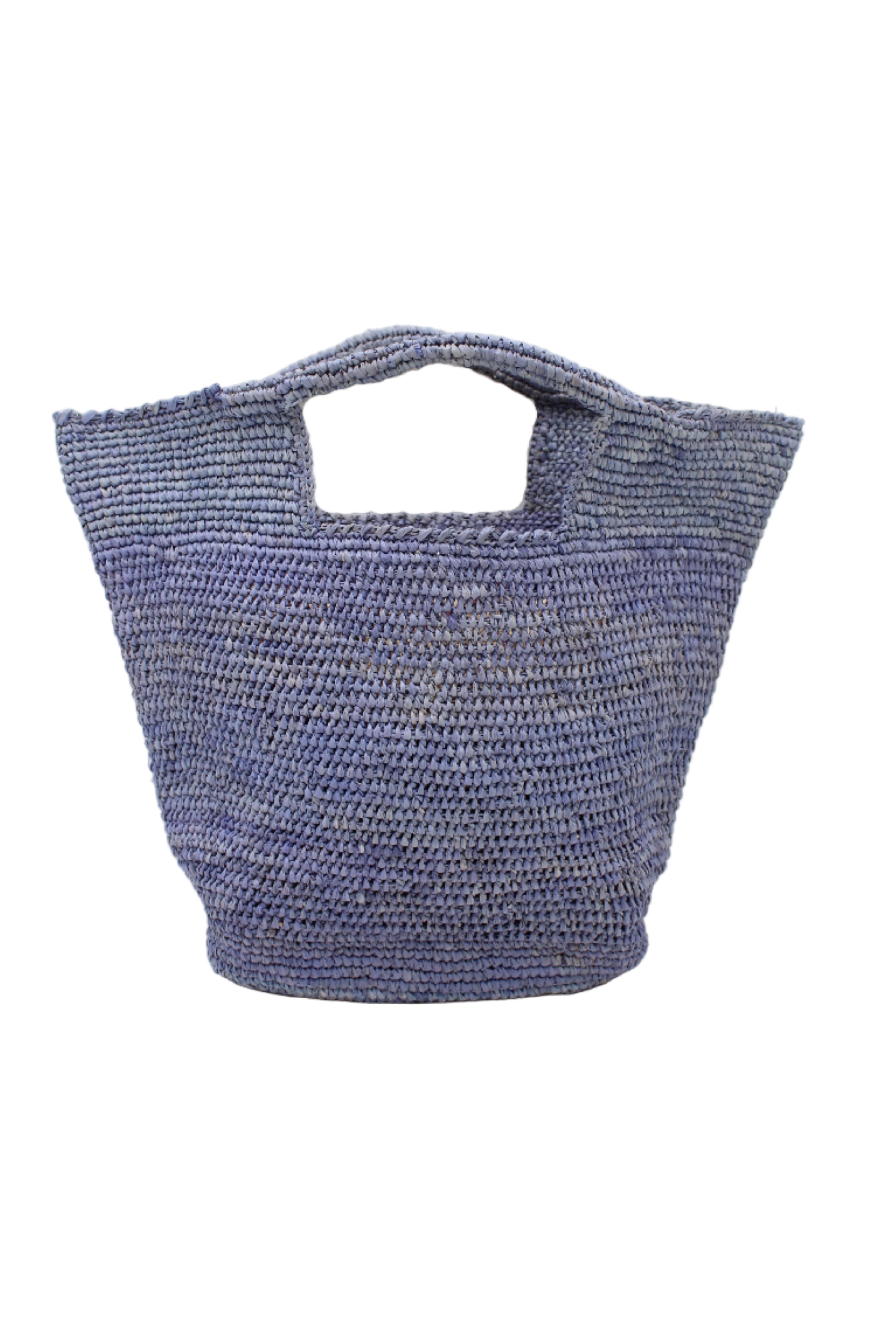 ConCon Crochet Straw Basket handmade woven raffia palm fiber in a solid hue of denim retro/light/blue making a textured link pattern handbag tote - Shebobo