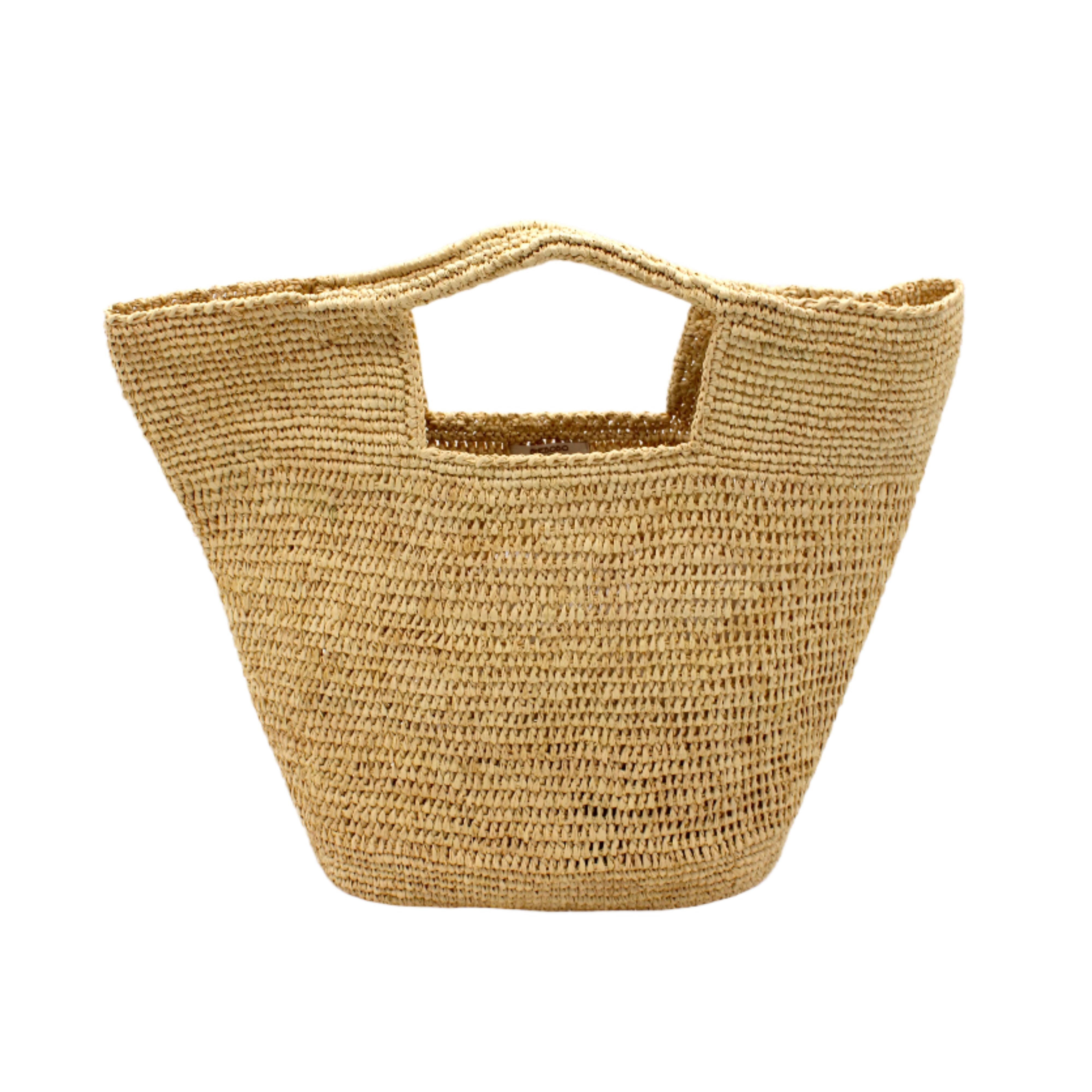 ConCon Crochet Straw Basket handmade woven raffia palm fiber in a solid hue of natural straw color making a textured link pattern handbag tote - Shebobo