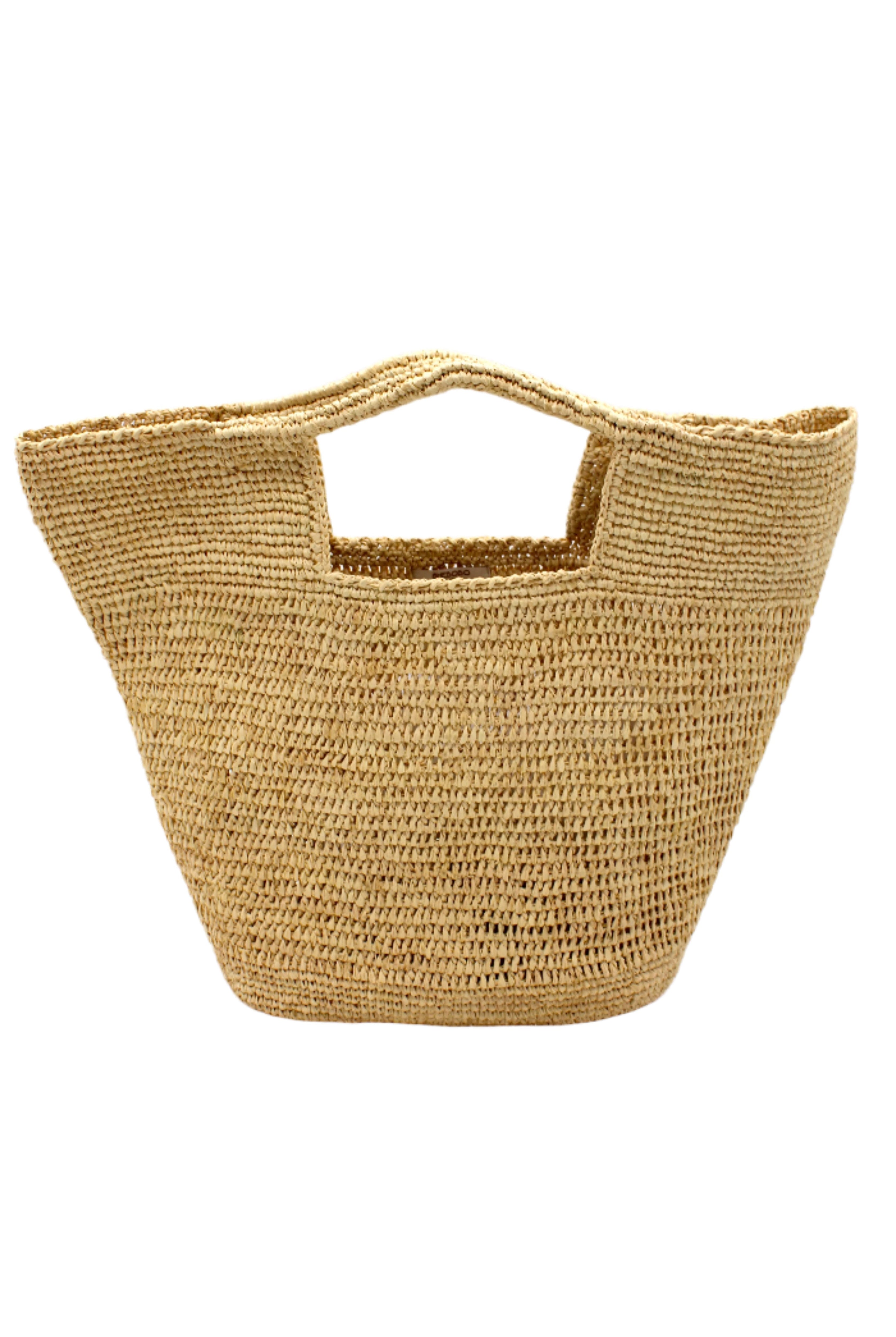 ConCon Crochet Straw Basket handmade woven raffia palm fiber in a solid hue of natural straw color making a textured link pattern handbag tote - Shebobo