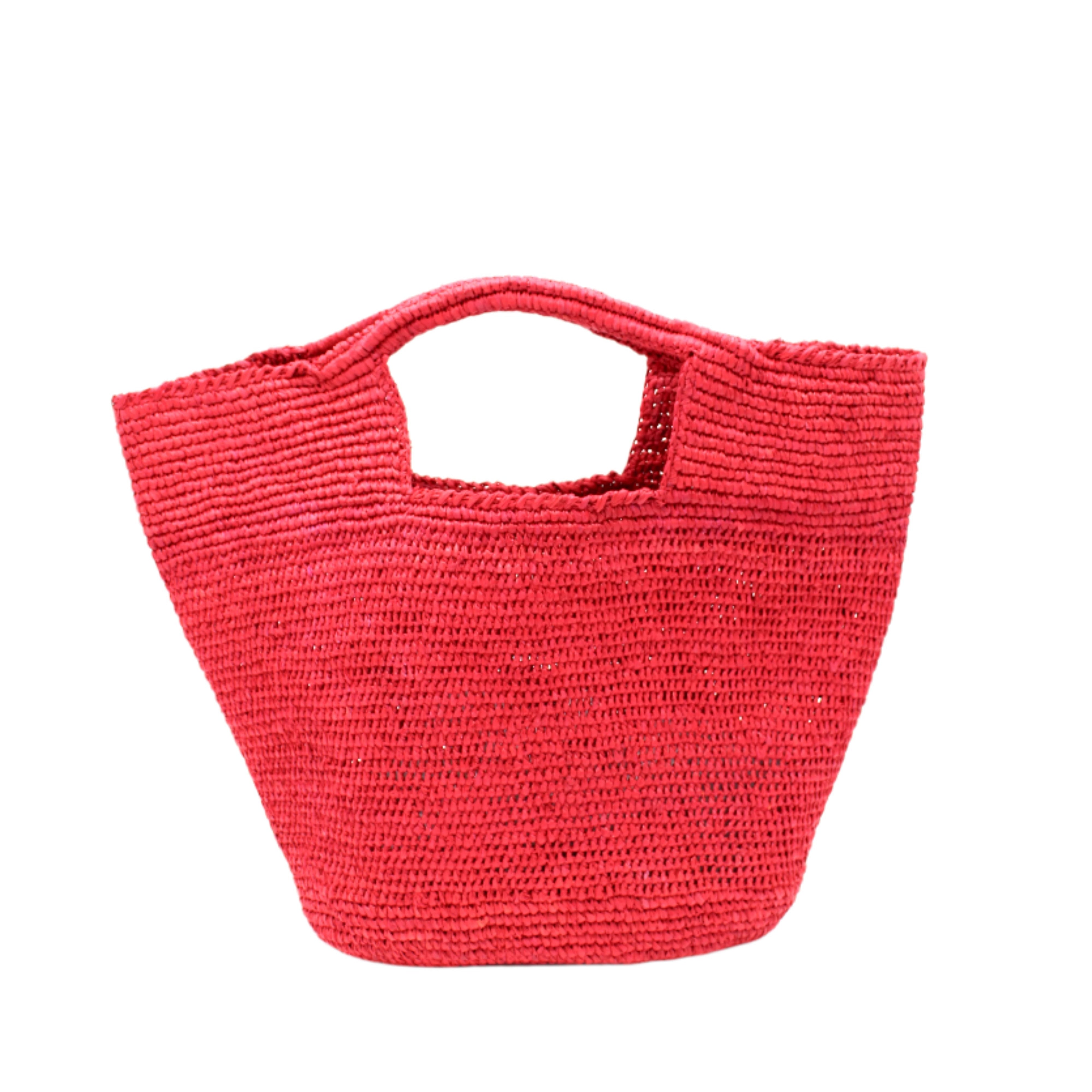 ConCon Crochet Straw Basket handmade woven raffia palm fiber in a solid hue of red making a textured link pattern handbag tote - Shebobo
