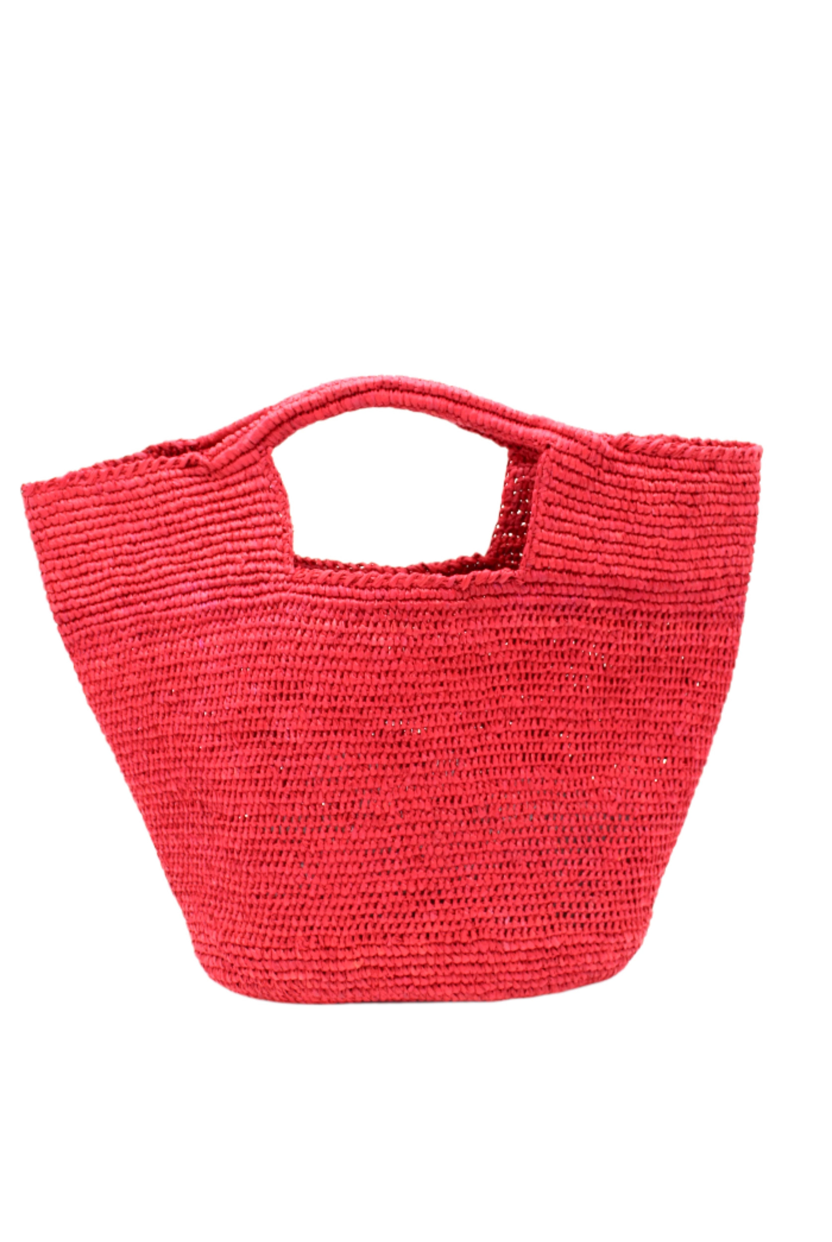 ConCon Crochet Straw Basket handmade woven raffia palm fiber in a solid hue of red making a textured link pattern handbag tote - Shebobo