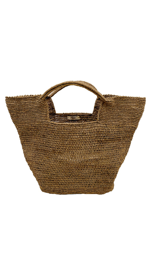 ConCon Tea Crochet Straw Basket handmade crochet raffia palm fiber textural pattern in cinnamon/tobacco/brown - Shebobo