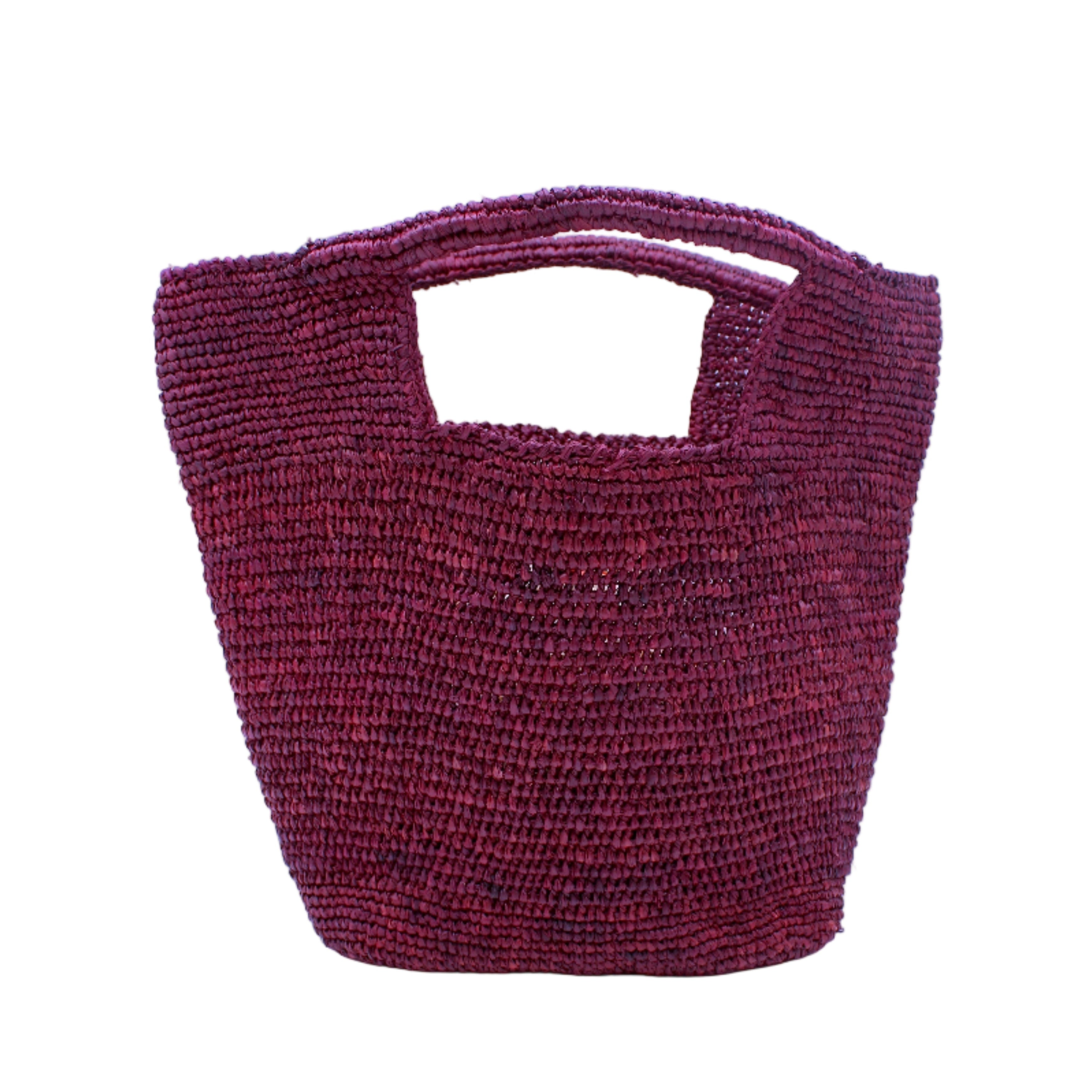 ConCon Crochet Straw Basket handmade woven raffia palm fiber in a solid hue of umberwine bordeaux/claret/deep/dark/purple/red making a textured link pattern handbag tote - Shebobo