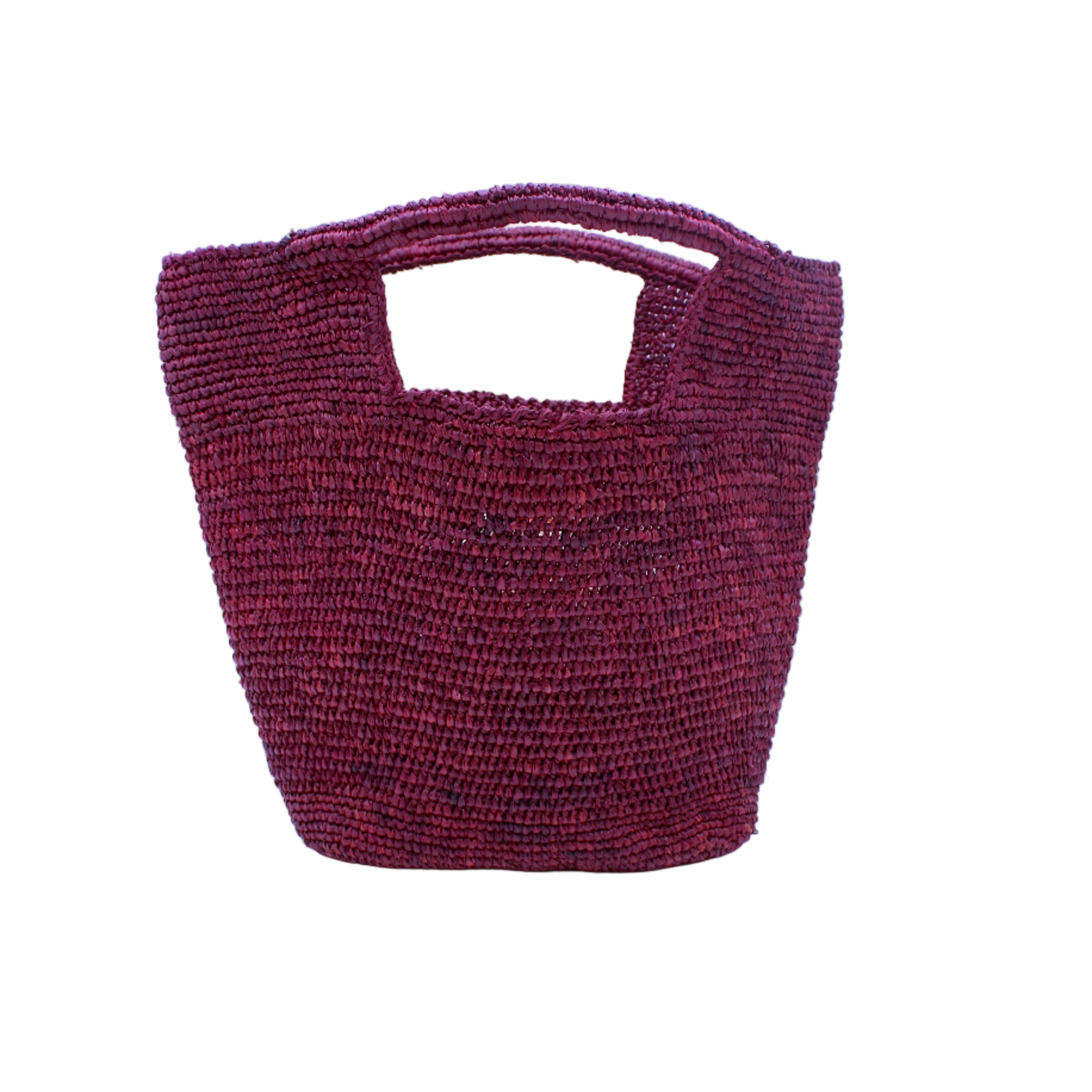 ConCon Crochet Straw Basket handmade woven raffia palm fiber in a solid hue of umberwine bordeaux/claret/deep/dark/purple/red making a textured link pattern handbag tote - Shebobo
