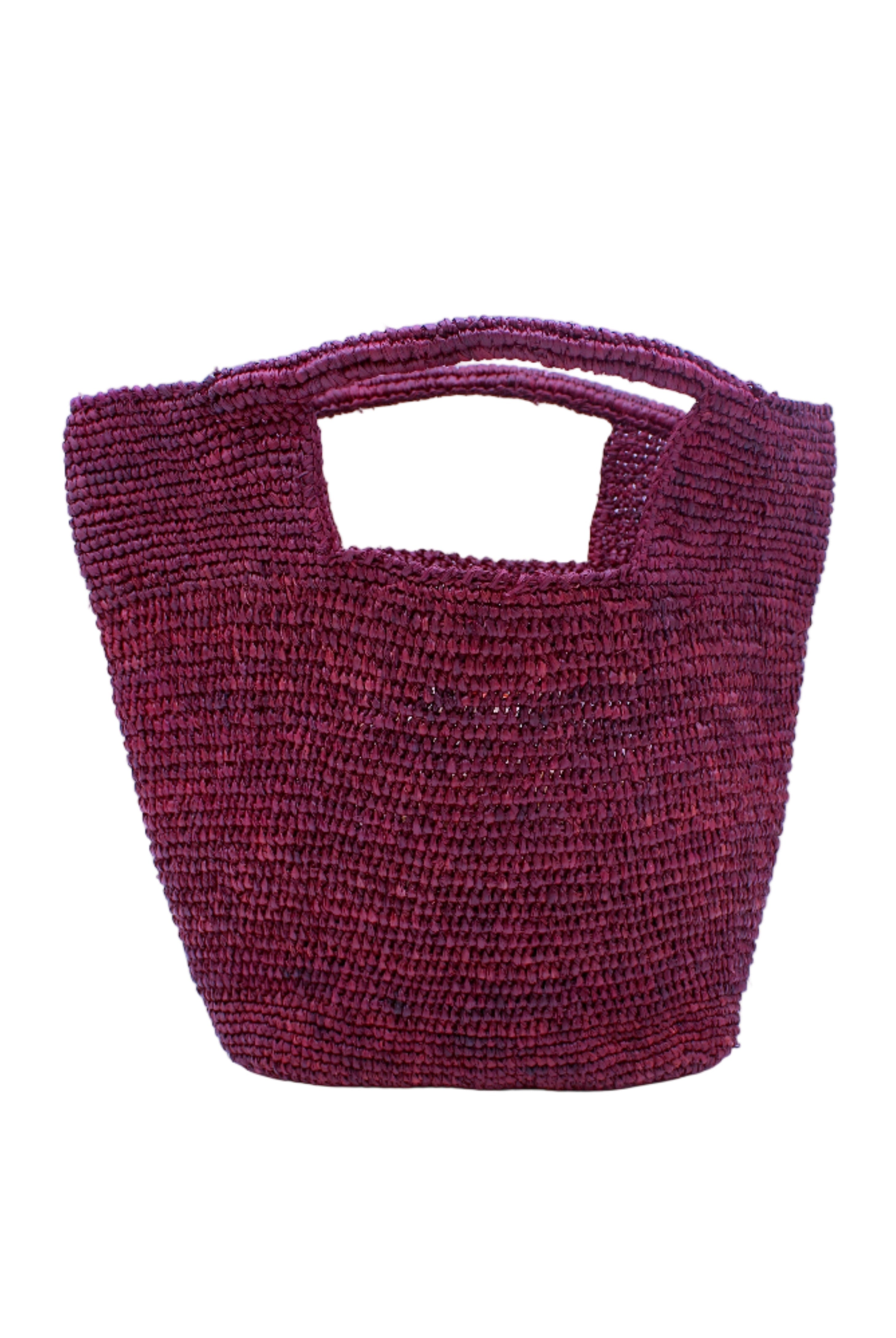 ConCon Crochet Straw Basket handmade woven raffia palm fiber in a solid hue of umberwine bordeaux/claret/deep/dark/purple/red making a textured link pattern handbag tote - Shebobo