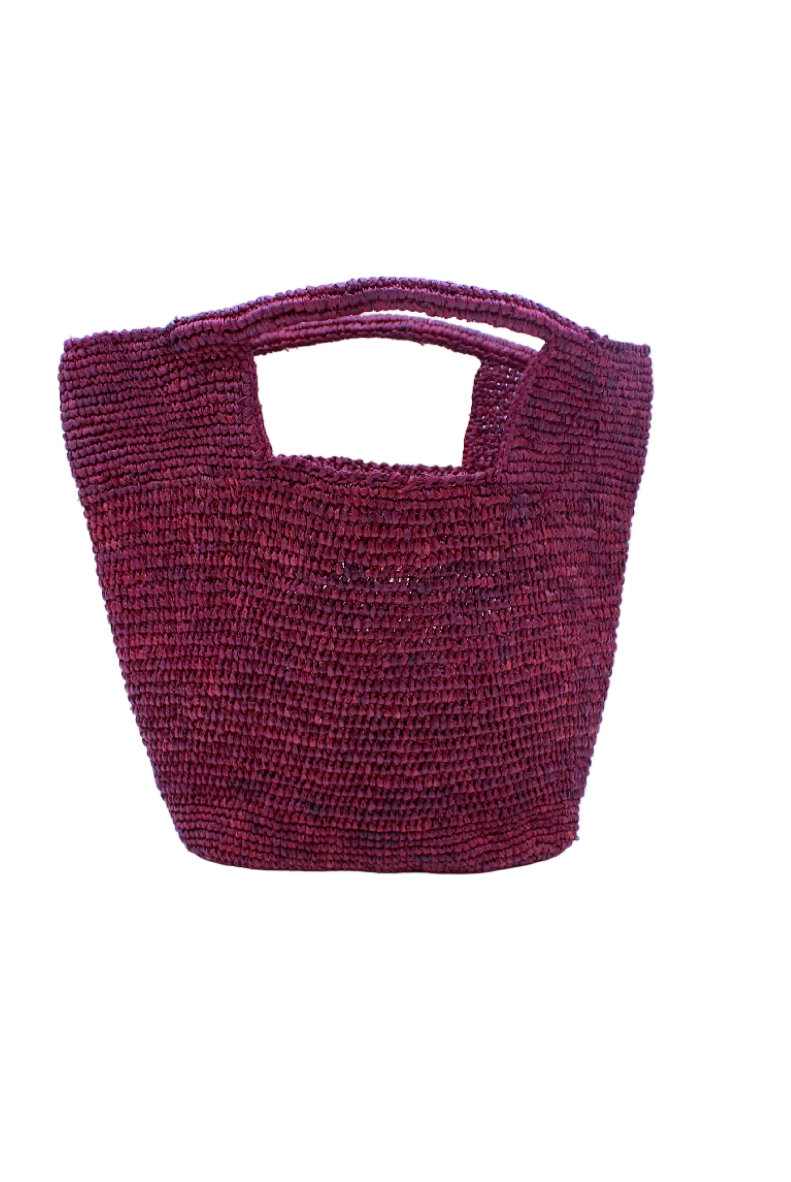 ConCon Crochet Straw Basket handmade woven raffia palm fiber in a solid hue of umberwine bordeaux/claret/deep/dark/purple/red making a textured link pattern handbag tote - Shebobo
