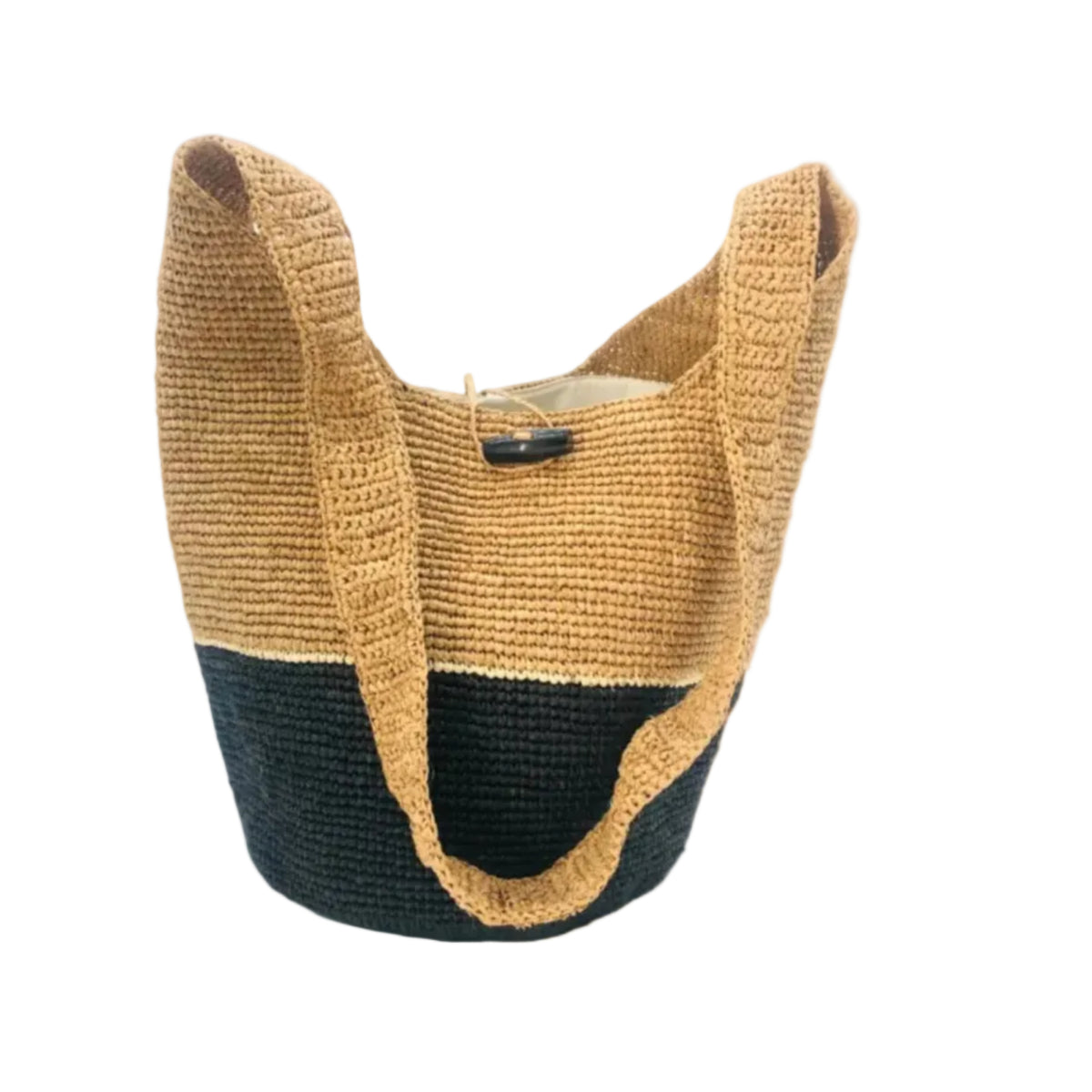 Coronado Two Tone Crochet Crossbody Bag handmade with interior liner, horn button and loop closure raffia purse black bottom, with narrow natural straw color horizontal stripe separating light brown/tea colored top & shoulder strap - Shebobo