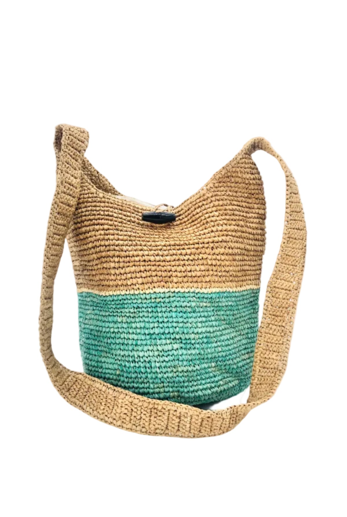 Coronado Two Tone Crochet Crossbody Bag handmade with interior liner, horn button and loop closure raffia purse seafoam/light turquoise greenish blue/teal bottom, with narrow natural straw color horizontal stripe separating light brown/tea colored top & shoulder strap - Shebobo