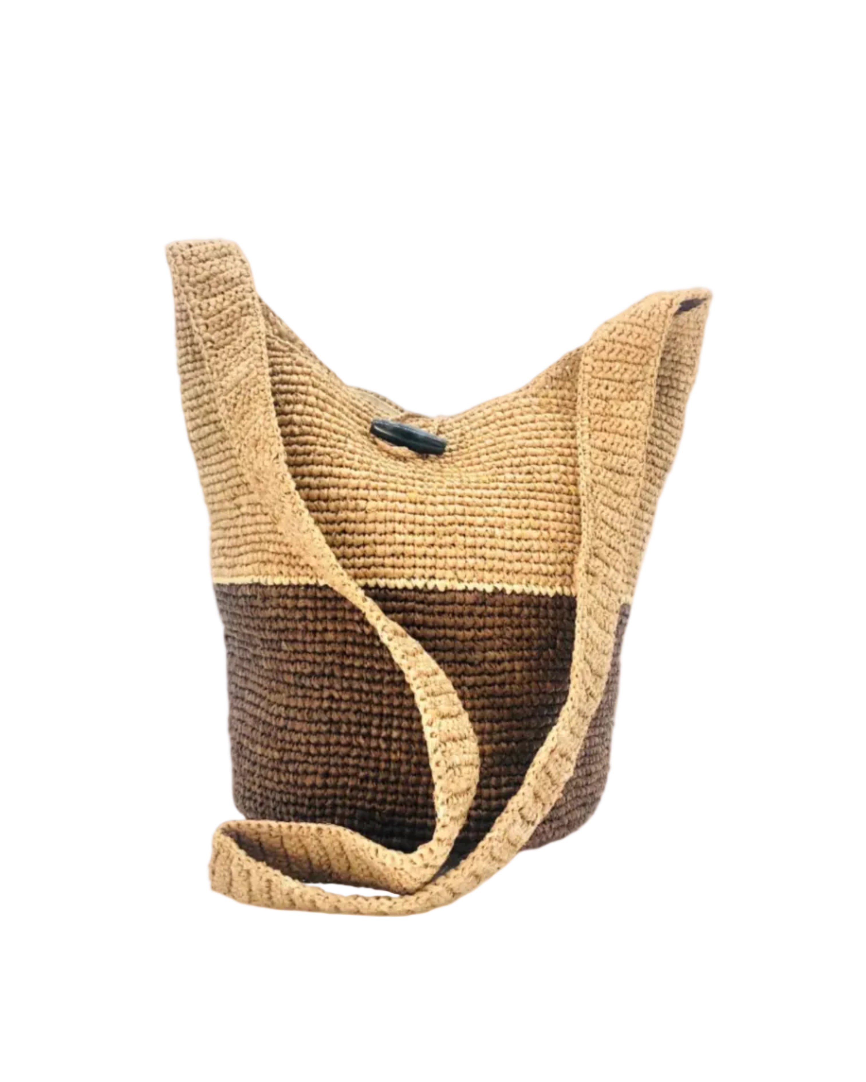Coronado Two Tone Crochet Crossbody Bag handmade with interior liner, horn button and loop closure raffia purse cinnamon/tobacco/dark brown bottom, with narrow natural straw color horizontal stripe separating light brown/tea colored top & shoulder strap - Shebobo