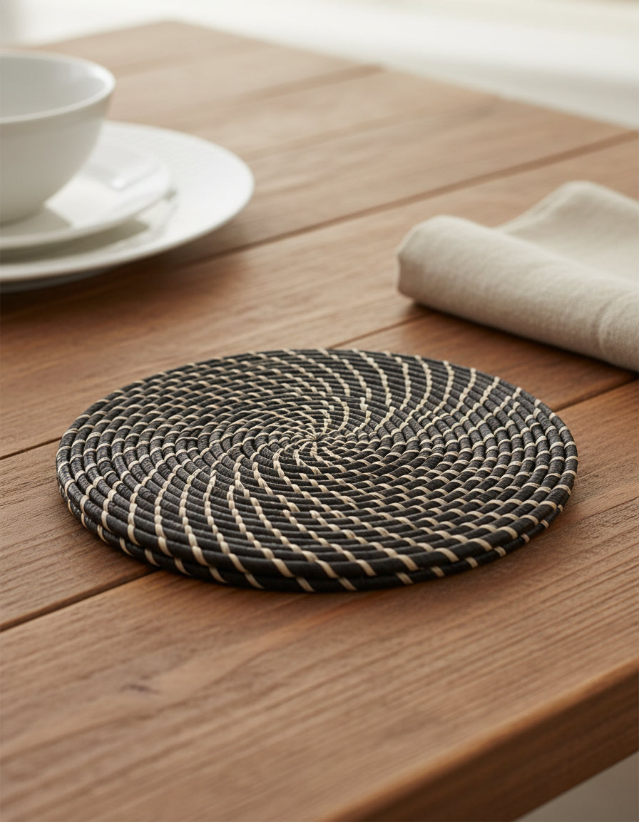 Lifestyle view Dabu Round Two Tone Swirl Raffia Straw Coasters & Placemats Set of 6 handmade natural raffia palm fiber in a crochet loop disc technique creating concentric circular stripe pattern of texture in a solid hue of black with contrasting knotted spiral swirl weave in natural straw color sets of six placemats or coasters - Shebobo