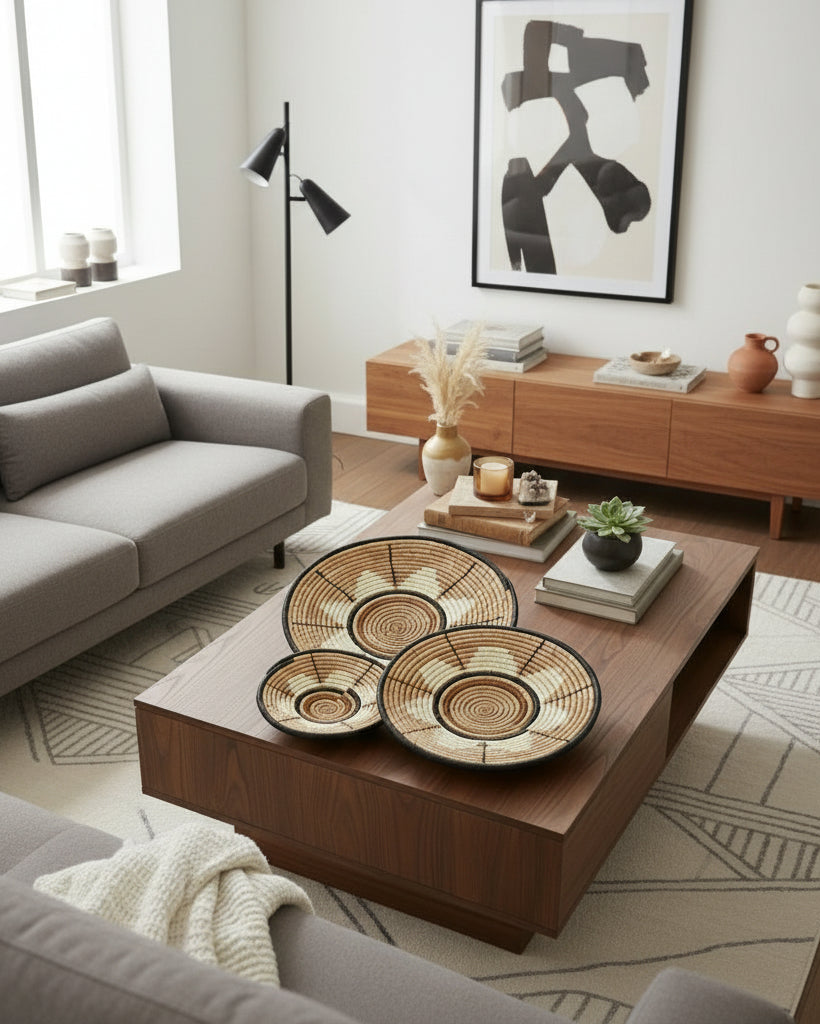 Lifestyle view Dakarai Raffia Straw Wall Decor Display Basket Tray: Set of 3 handmade woven natural raffia palm fiber in a crochet loop technique concentric coiled circular pattern with natural straw color, cappuccino/tea/light/brown, cinnamon/tobacco/dark/brown, and black centered star flower pattern set of three sized flat bowl trays - Shebobo