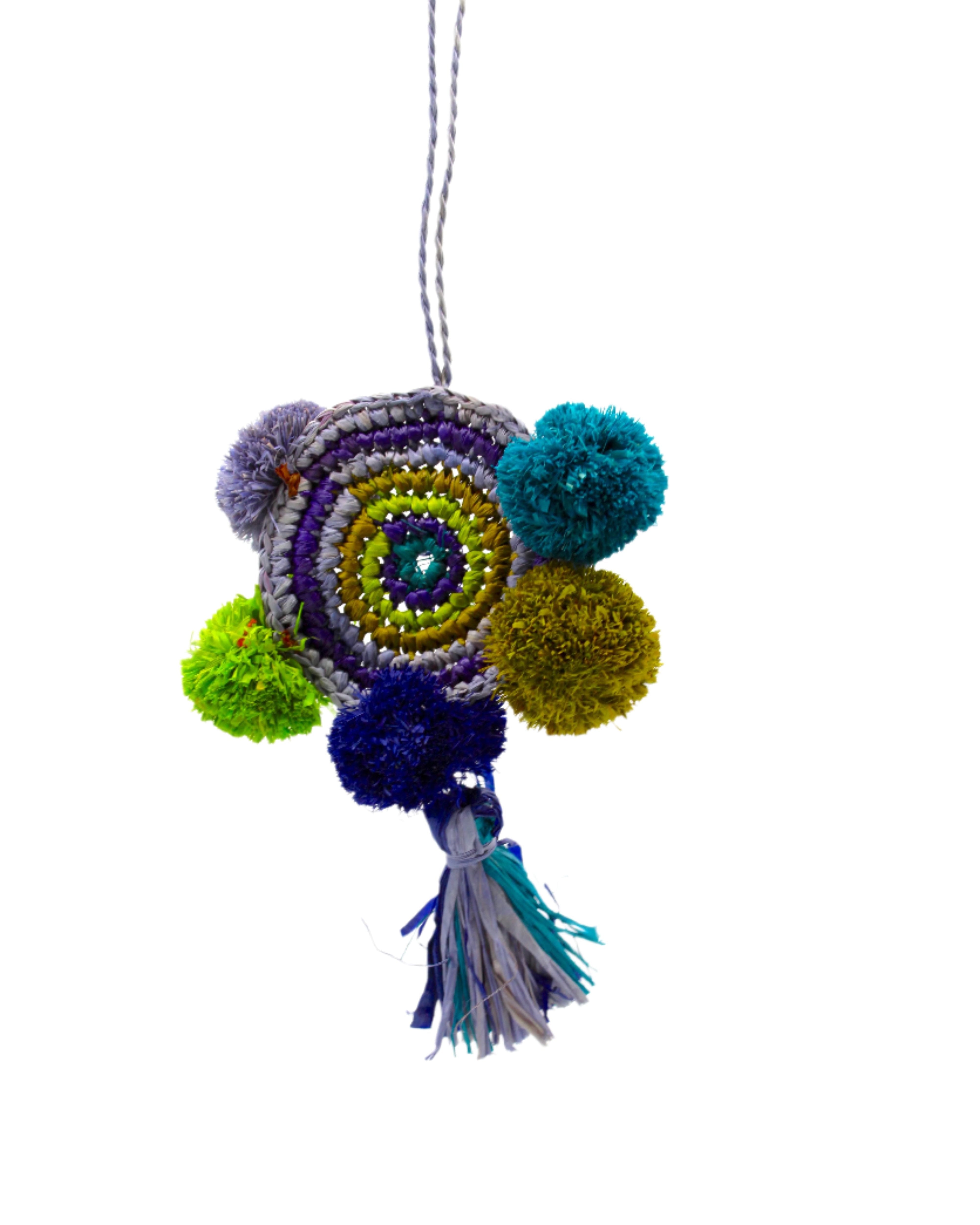 Bag Charm Embellishment - handmade dreamcatcher pompom raffia poufs and tuft tassel handbag personalization in cool tones multicolor lime green, olive green, blue, navy dark/blue, turquoise blue, and teal boho decor - Shebobo