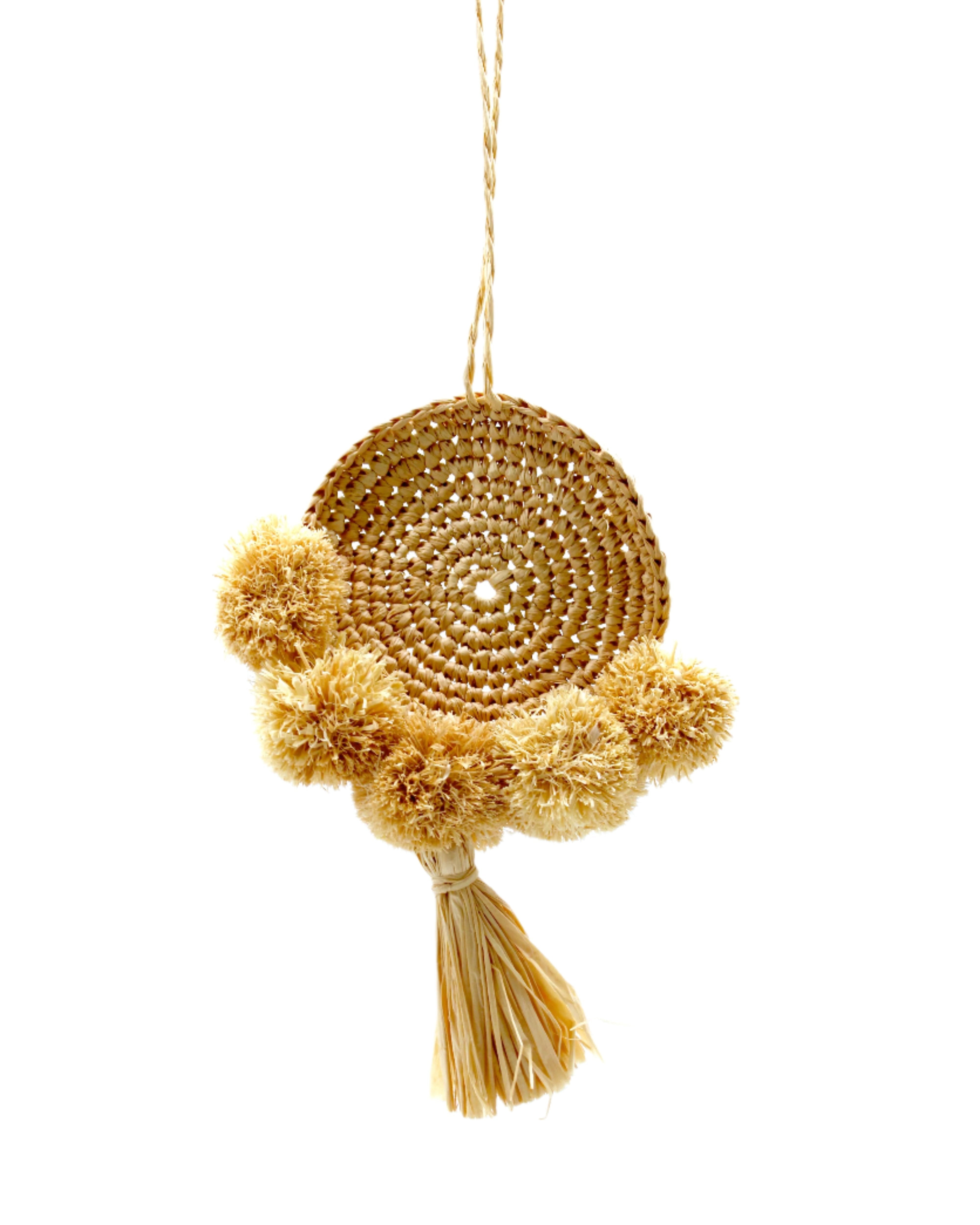 Bag Charm Embellishment - handmade dreamcatcher pompom raffia poufs and tuft tassel handbag personalization in natural straw color boho decor - Shebobo