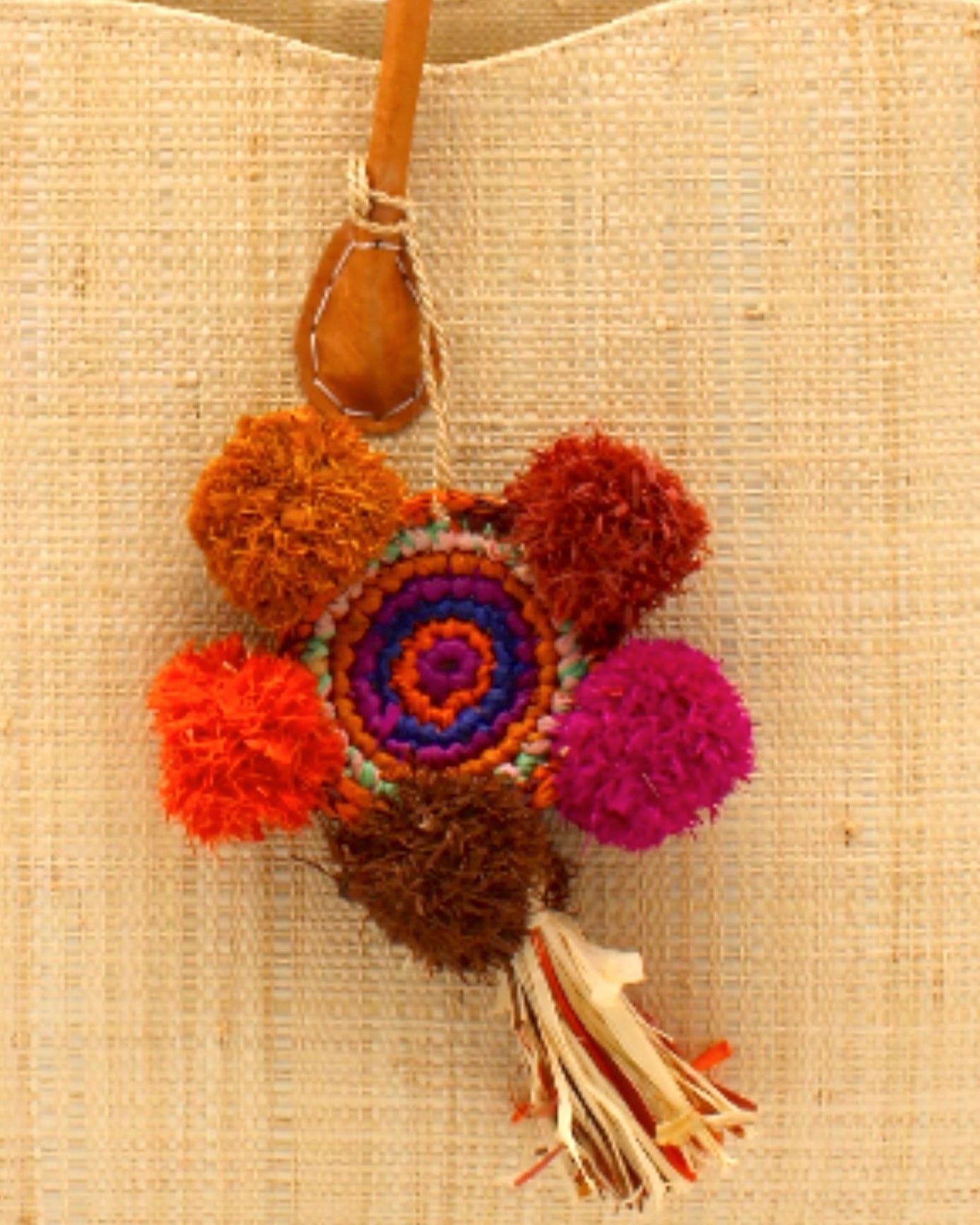 Bag Charm Embellishment - handmade dreamcatcher pompom raffia poufs and tuft tassel handbag personalization in multicolor mint green, fuchsia pink, coral orange, saffron yellow, orchid purple, pink, carmel brown, cinnamon/tobacco/light brown, turquoise blue boho decor - Shebobo