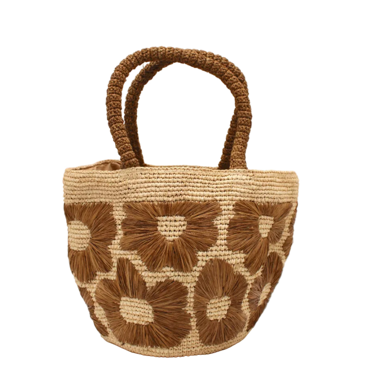Eva Embroidered Flower Crochet Straw Basket Handbag two tone handmade crochet raffia palm in a solid hue of natural straw color with Tobacco dark/cinnamon/brown embroidered floral pattern and matching blush crochet handles beach bag tote purse - Shebobo