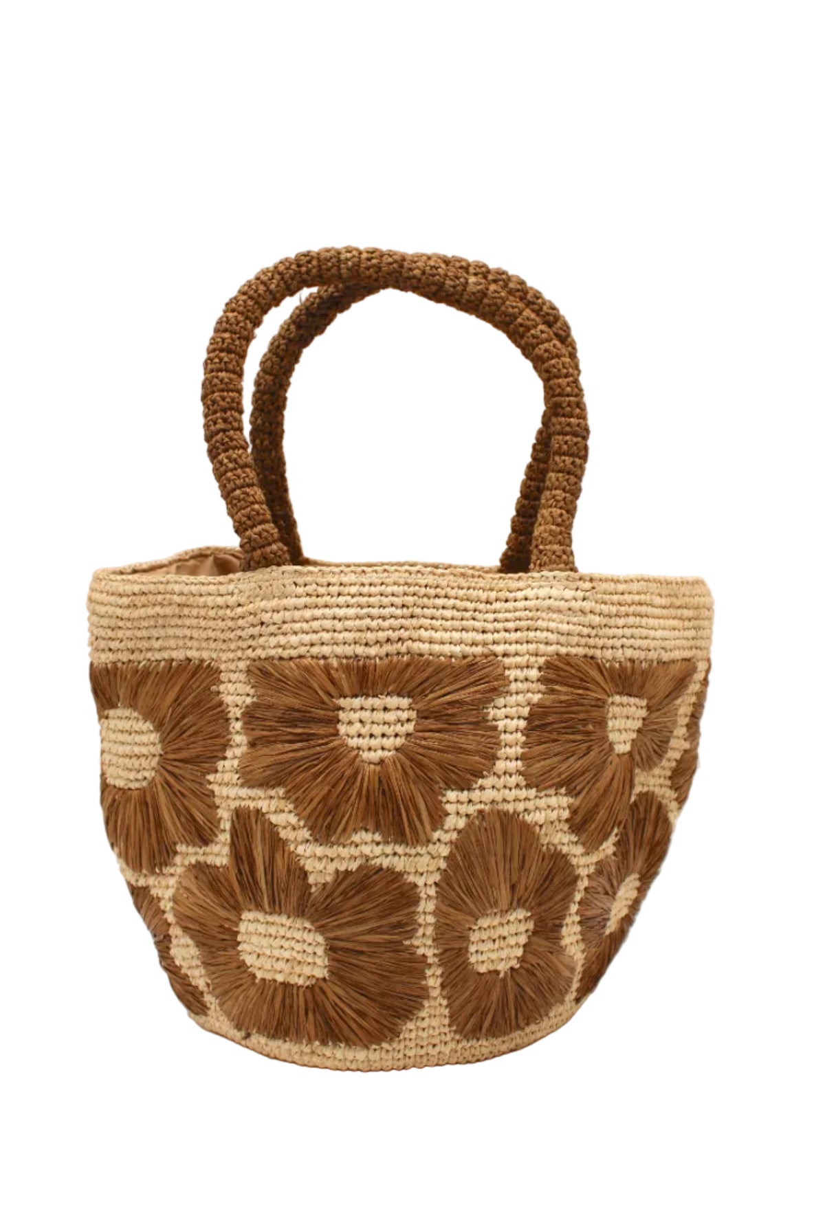 Eva Embroidered Flower Crochet Straw Basket Handbag two tone handmade crochet raffia palm in a solid hue of natural straw color with Tobacco dark/cinnamon/brown embroidered floral pattern and matching blush crochet handles beach bag tote purse - Shebobo