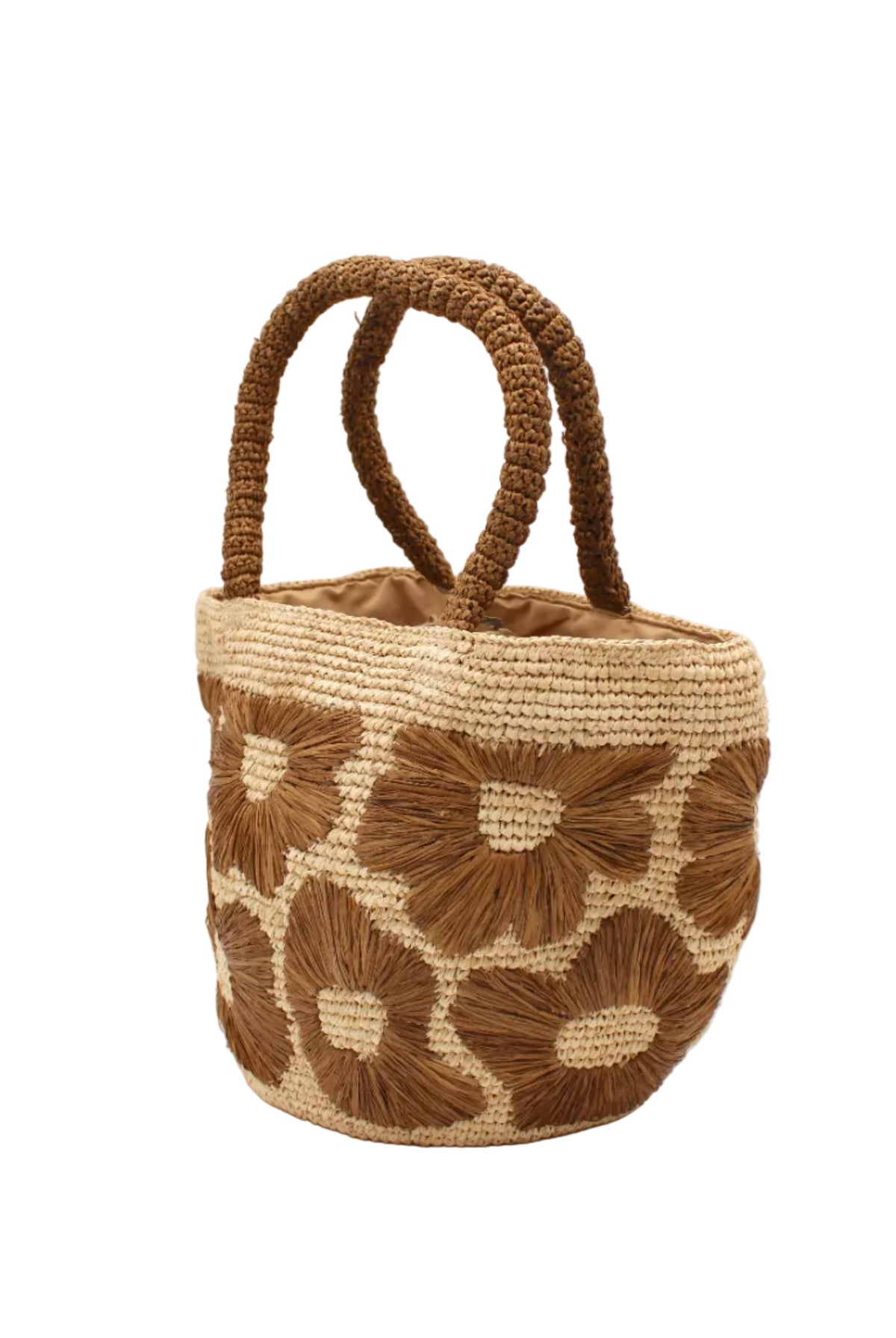 Side view Eva Embroidered Flower Crochet Straw Basket Handbag two tone handmade crochet raffia palm in a solid hue of natural straw color with Tobacco dark/cinnamon/brown embroidered floral pattern and matching blush crochet handles beach bag tote purse - Shebobo